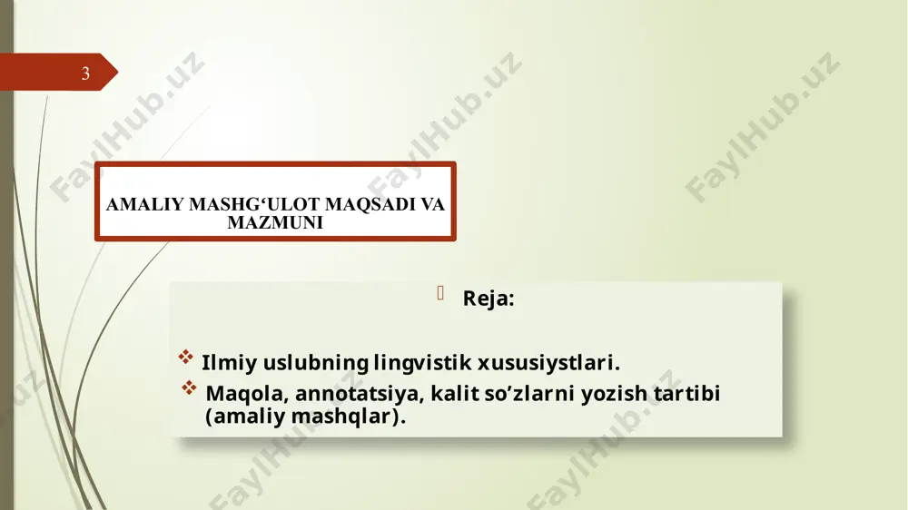 6. maqolada fikr-mulohazalarning mantiqiy va grammatik jihatdan toʻgʻri (bexato) ifoda etilishi. 7. maqolada har bir dalilning toʻgʻri qoʻyilishi, uning tahlili asosida muayyan xulosalar chiqarilishi. 8. ilmiy maqolaning nashriyotning talabi asosida rasmiylashtirilishi. ilmiy maqola yozish 31/05/2021 9 10 maqolalarni rasmiylashtirishga qoʻyilgan talablar 1. matn – microsoft word. shrift– times new roman. format– a4. 2. matnning ikki yonidan qoldiriladigan oʻlcham– 2 sm. 3. maqola matni uchun shriftning kattaligi – 12, metama’lumotlar uchun –12. 4. maqola matni uchun qatorlar oraligʻi– 1. xat boshi (abzats) – 1. 5. maqola sarlavhasidan oldin udk qoʻyiladi. 6. maqola nomi bosma harflarda markazdan qoʻyiladi. 7. muallifning ismi, familiyasi, ish joyi (oʻqish joyi) haqidagi ma’lumot maqola yuqori qismining oʻng tarafiga kichik harflarda kursiv bilan yoziladi. 8. annotatsiya oʻzbek, rus, ingliz tillarida (12 shrift, 1 interval oraliqda) yozilishi lozim. soʻzlar soni 150-200 soʻz oraligʻida boʻlishi maqsadga muvofiq. 9. kalit soʻz va iboralar (5-7 tadan kam boʻlmagan) uch tilda: oʻzbek, rus, …