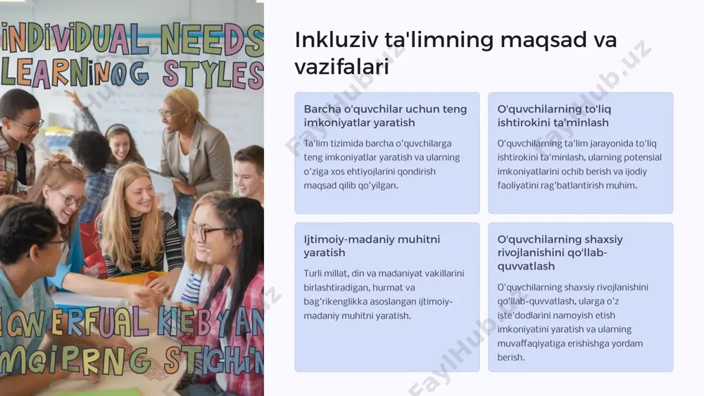 uhim rol o'ynaydi. 14 inkluziv ta'limda asosiy xavf-xatarlar 1 1. resurslar yetishmasligi moliyaviy va moddiy resurslarning etishmasligi inkluziv ta'limni to'liq amalga oshirishni qiyinlashtirishi mumkin. 2 2. o'qituvchilarning tayyorgarligi barcha o'quvchilarning ehtiyojlarini qondira oladigan o'qituvchilarning etishmasligi inkluziv ta'limning samaradorligini pasaytirishi mumkin. 3 3. jamiyatning qarshiligi o'quvchilarning xilma-xil ehtiyojlarini qondirishga qarshilik ko'rsatish inkluziv ta'limning muvaffaqiyatiga putur yetkazishi mumkin. 4 4. tengsizlikning saqlanishi inkluziv ta'limning to'g'ri amalga oshirilmaganligi tufayli o'quvchilar orasidagi tengsizlik davom etishi mumkin. 15 inkluziv ta'limda sifatni ta'minlash ta'lim muhitini baholash barcha o'quvchilarning o'ziga xos ehtiyojlarini qondiradigan muhit yaratishga qaratilgan. o'qituvchilarning malakasi o'qituvchilar inkluziv ta'limni qo'llab-quvvatlash uchun tegishli ko'nikmalar va bilimli bo'lishi kerak. jamoaviy yondashuv barcha talabalarning o'ziga xos ehtiyojlarini qondiradigan jamoaviy yondashuvni yaratish kerak. yordam va xizmatlar o'quvchilarga kerakli qo'shimcha yordam va xizmatlarni taqdim etish kerak. 16 inkluziv ta'limda muvaffaqiyatga erishish omillari o'qituvchilarning tayyorgarligi o'qituvchilar inkluziv ta'limga tayyor bo'lishlari kerak. ular inkluziv ta'lim tamoyillari va usullarini bilishlari, barcha o'quvchilarning ehtiyojlarini …