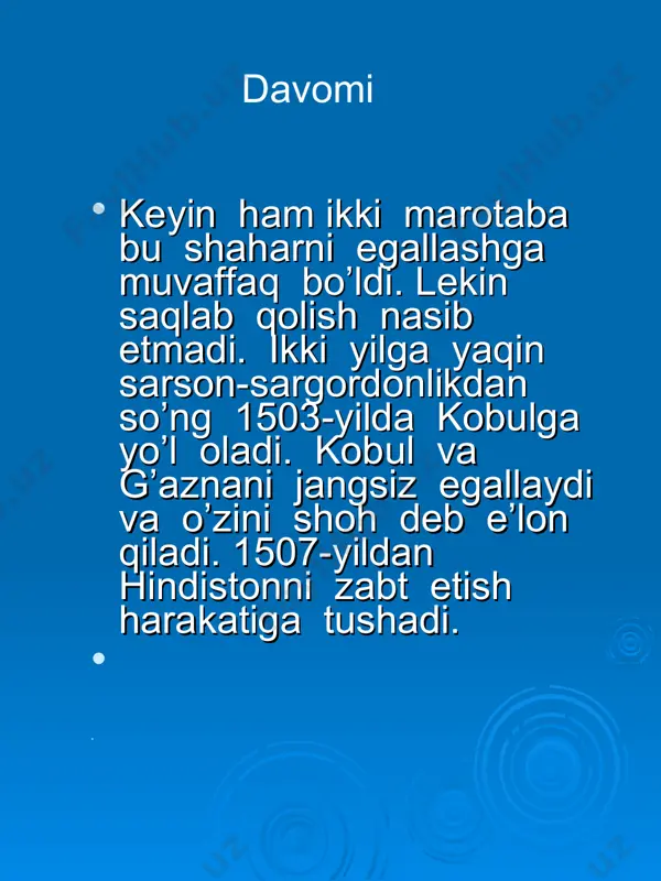 ermasmen.) 3.yod etmas emish kishini g’urbatda kishi… (shod etmas emish ko’ngulni mehnatda kishi. ko’nglum bu g’ariblikda shod o’lmadi ,oh, g’urbatda sevinmas emish albattakishi. ruboiyning qofiyalarini toping. 1.balolig’,xatolig’,qarolig’. 2.siym,laim,muqim. 3.g’urbatda,mehnatda,albatta. aqliy hujum 1.bobur 20yoshida qaysi yozuvni kashf qilgan? (xatti boburiy) 2.bobur qaysi tilllarda ijod qilgan? (o’zbek va fors tillarida) 3.bobur devonlaridan qaysi biri topilmagan? (kobul devoni) 4.’’boburnoma’’da ‘‘qovun mahalida poliz boshida qovun sotmoq rasm emas’’deb qaysi joyni aytgan? (andijon) 5.memuar so’zi qaysi tildan olingan? (fransuz) 6.boburning saqlanib qolgan asrlari soni.(400dan ortiq.) bilasizmi? 1.boburning avlodidan kimlar ijodkor bo’lgan? j)o’g’li komron mirzo, qizi gulbadanbegim, avrangzeb mirzoning qizi zebunisobegim. 2.tojmahalni qurdirgan boburiy podshoh. j)shohjahon 3.bobur o’limidan oldin nimaga intiq bo’lgan? j)qovunga xulosa zahiriddin muhammad bobur mumtoz adabiyotimizga o’z hissasini qo’shgan eng ajoyib shoir,balki mehribon ota,qariyb uch yarim asr davom etgan boburiylar sulolasining asoschisidir. shoirning lirik she’rlaridahayotbaxsh tuyg’lar-hayotdan zavqlanish,yor vasli bilan quvonish,ona-vatandan uzoqda yurganlirik qahramonning iztirobli tuyg’ulari,ilm-ma’rifat va axloq-odobga chaqiruvchi kabi she’rlari yuksak mahorat bilan …