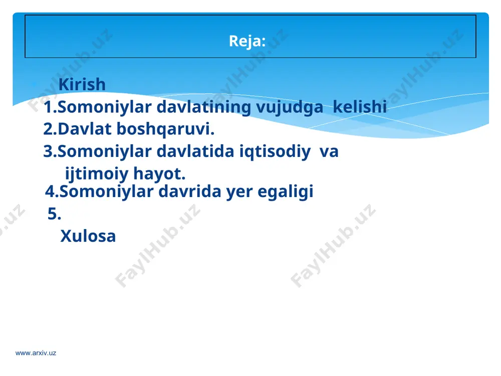 lar vaziri ---- sud boshqaruvchisi. www.arxiv.uz www.arxiv.uz ix – x asrlarda old osiyoni mo`ng`uliston va xitoy bilan bog`laydigan karvon yo`li. bog`dod --- hamadon --- marv --- buxoro --- samarqand --- shosh --- taroz --- suyob --- issiqko`lning janubi --- sharqiy turkiston --- xitoy. tarmoqlari janubiy farg`ona orqali shimoliy – dashti qipchoq orqali janubiy sibirga yo`nalgan shimoliy–g`arbiy – xorazm orqali idil daryosi bo`ylab xazar va bulg`orga yo`nalgan somoniylar davlati bilan savdo aloqalarini olib borgan davlatlar kichik osiyo. iroq eron hindiston xitoy www.arxiv.uz www.arxiv.uz shimoliy yo'l orqali janubiy sibir va mo’g’ulistonga movarounnahrning shahar va qishloqlaridan bo’z, kiyim-kechak, egar-jabduq, o’q-yoy, qilich, idishlar, zargarlik buyumlari, dori-darmon, quruq meva, kunjut va zig’ir moyi va boshqa shu kabi mollar olib borilgan. sibirdan turli xildagi qimmatbaho mo’ynalar, chorva mollari va chorvachilik mahsulotlari keltirilgan. itil, xazar va bulg’orga movarounnahr va xorazmdan guruch, quruq mevalar, shirinliklar, tuzlan-gan baliq, paxta, shoyi matolar, movut, kimxob va gilamlar olib borib sotilgan. bulg’or …