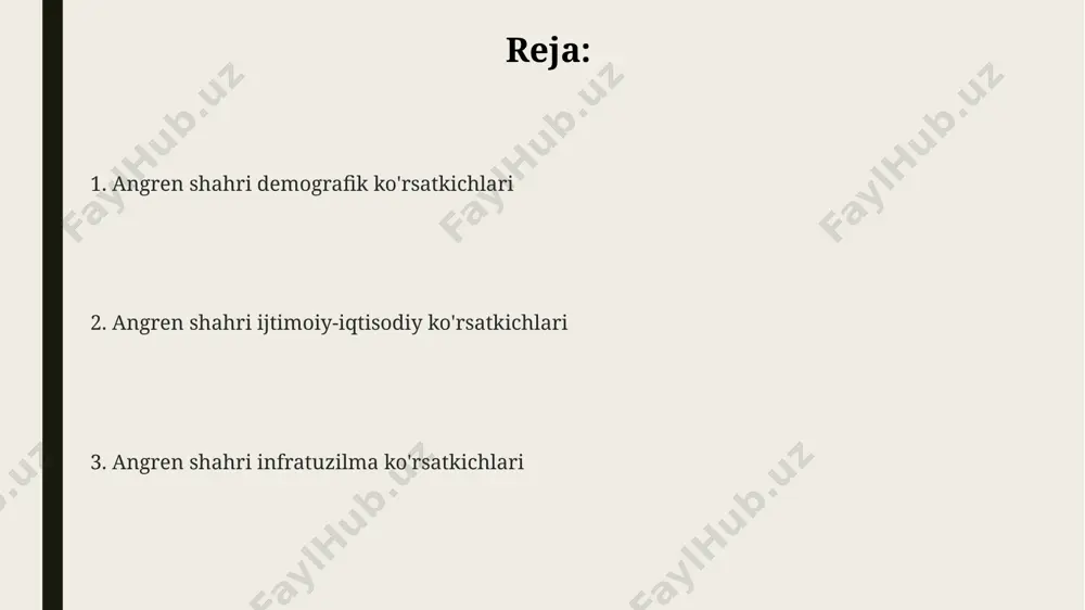 katta zarrachalar soni 50 mkg/m³ dan oshib ketish holatlari kuzatilgan. angren shahri kelajagi uchun prognozlar angren shahri aholisi 2030-yilga kelib 200 000 kishiga yetishi va shu bilan birga sanoat rivojlanishi natijasida yalpi ichki mahsulotning 1,5 baravar o'sishi kutilmoqda. angren shahrida yangi qurilish loyihalari soni 2025-yilgacha 30% ga oshishi va bu esa shahar infratuzilmasini yaxshilashga, jumladan, toshkent viloyati yo'llarini modernizatsiya qilishga hissa qo'shishi taxmin qilinmoqda. angren shahrida ekologik toza energiya manbalaridan foydalanish 2028 yilga kelib 15% ga ko'payishi va bu esa havo ifloslanishini kamaytirishga va angrenning ekologik holatini yaxshilashga olib kelishi mumkin. angren shahri infratuzilmasi holati ангрен шаҳридаги йўл инфратузилмасининг 70%и 2023 йил ҳолатига кўра асфальтланган бўлиб, қолган қисми эса таъмир талаб этади, хусусан, чимён массивидаги кўчаларнинг аҳволи ёмон. ангрен шаҳридаги ичимлик суви таъминоти тизимининг 85%и марказийлаштирилган бўлиб, қолган 15% аҳолининг шаҳар четидаги маҳаллаларидаги хусусий қудуқларга таянган. шаҳардаги 5 та мактабгача таълим муассасасидан 3 тасида замонавий инфратузилма мавжуд бўлиб, қолган 2 …