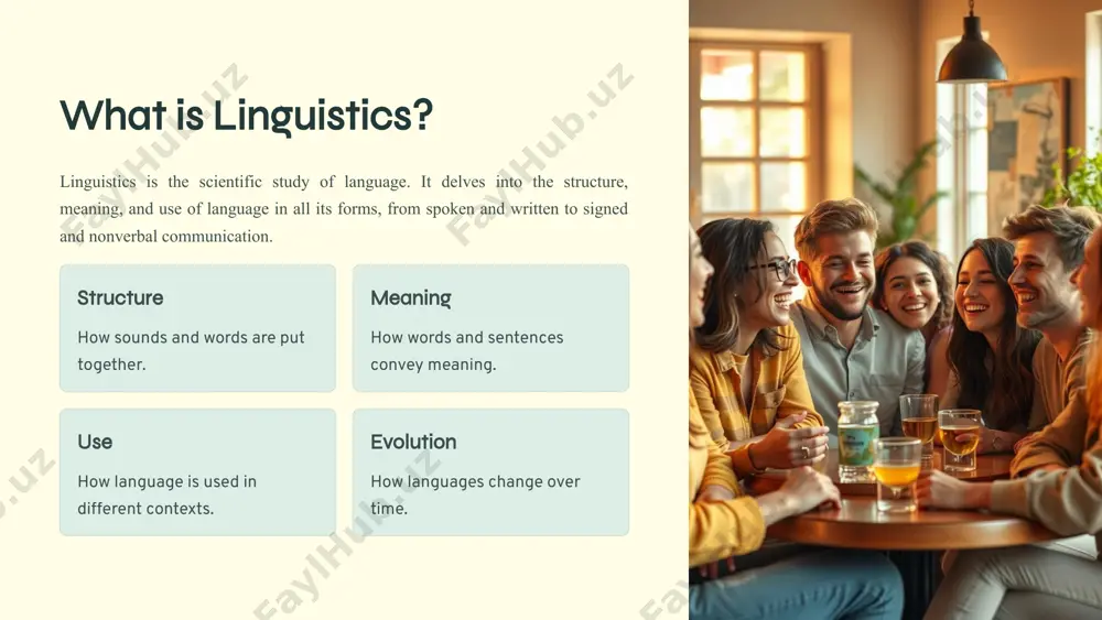 skills, acquiring more complex grammar and vocabulary. 6 language variation and change languages are constantly changing and evolving. this variation and change can be observed across different geographical regions, social groups, and historical periods. dialect regional or social variation in language. pidgin simplified language used for communication between speakers of different languages. creole language that develops from a pidgin and becomes the native language of a community. 7 language and society language plays a crucial role in society, shaping our identities, relationships, and cultural practices. it influences how we think, interact, and understand the world around us. social identity language can indicate our social group, ethnicity, or regional affiliation. communication language is the primary tool for communication, enabling us to share information and build relationships. cultural transmission language is essential for preserving and transmitting cultural knowledge and traditions. power dynamics language can reflect and reinforce power relationships in society. 8 …