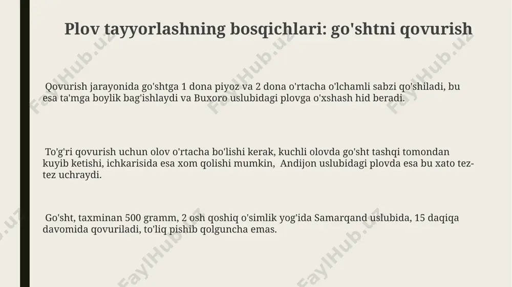 ki 50% dan ortiq yog' palovning umumiy ta'miga ta'sir qiladi. samarqand va buxoro viloyatlarida palovga qo'shilgan yog'ning miqdori va turi mahalliy an'analarga bog'liq holda 30% gacha farq qilishi mumkin. o'zbek palovining tayyorlanishida 200-300 grammga yaqin quyruq yog'i yoki 150 gramm qovurilgan yog' ishlatiladi, bu taomga noyob xushbo'ylik va mazani beradi. plovning asosiy ingredientlari: sabzi samarqand viloyatida yetishtiriladigan "shirin" navli sabzi palovga o'ziga xos ta'm va hid beradi, bu esa uni boshqa hududlarda tayyorlangan palovdan farqlaydi. taxminan 1 kg shirin sabzi 5-6 kishilik palov uchun yetarli. o'zbek palovining asosiy tarkibiy qismlaridan biri bo'lgan sabzi, odatda 2-3 kg miqdorida, uzun va yupqa tasmalarga to'g'ralib, 30-40 daqiqa davomida qovuriladi, shu bilan uning shirinligi va rangi ochiladi. palov tayyorlashda 3-4 xil sabzi navlarini aralashtirib qo'llash, palovning rangi va ta'mini boyitish bilan birga, qovurish jarayonida sabzi o'z shaklini yaxshiroq saqlashini ta'minlaydi. bu, masalan, farg'ona vodiysida keng qo'llaniladigan usul hisoblanadi. plovning asosiy ingredientlari: ziravorlar ba'zi palov …