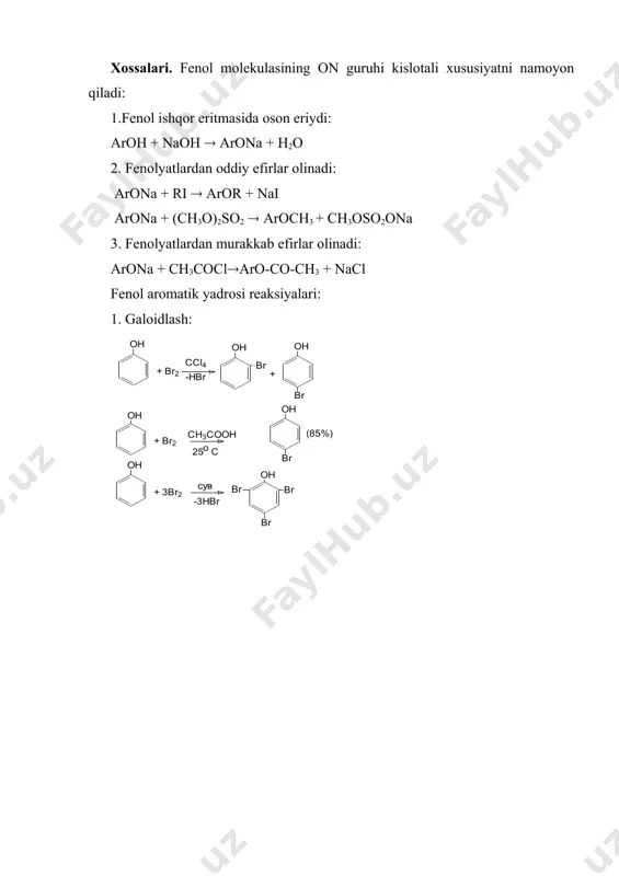 (ch3o)2so2 aroch3 + ch3oso2ona 3. fenolyatlardan murakkab efirlar olinadi: arona + ch3coclaro-co-ch3 + nacl fenol aromatik yadrosi reaksiyalari: 1. galoidlash: 2. sulfolash: 3.nitrolash: nitrit kislota ta’siri: agar natriy fenolyat so2 atmosferasida bosim ostida qizdirilsa, salitsil kislota tuzi hosil bo‘ladi: salitsil kislotani natriy fenolyatga ccl4 ta’sir ettirib ham olish mumkin: xloroform ta’sirida esa salitsil aldegidi hosil bo‘ladi (reymer timan): fenolning formaldegid bilan kondensatsiyalanishi natijasida fenol-formaldegid smolalar hosil bo‘ladi: ikki atomli fenollar pirokatexin o-dixlorbenzolni gidroliz qilib olinadi, rezorsin esa m-benzoldisulfokislotani ishqor bilan ta’sirlanishi natijasida hosil bo‘ladi. gidroxinon esa p-benzoxinonni qaytarib olinadi. pirokatexin va gidroxinon fotografiyada ishlatiladi. aromatik spirtlar aromatik spirtlarni sintez qilish uchun gidroliz, metallorganik sintez, karbonil guruhni qaytarish kabi ma’lum usullardan foydalaniladi. adabiyot: 1. o.ya.neyland organicheskaya ximiya. m.: «viysshaya shkola». 1990. s. 312-327. 2. a.terney sovremennaya organicheskaya ximiya. m.: «mir». 1981. t.ii. s. 284-317. 3. k.n.axmedov, h.y.yo‘ldoshev organik kimyo usullari. 2 qism. t.: «universitet». 1993. 3-42 b. image6.wmf image7.wmf image8.wmf image9.wmf …