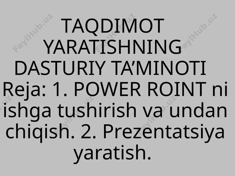 arzda harakatga kelishini tanlash uchun «анимация» menyusida «начало» buyrug‘idan keraklisi: 1.по щелчку 2.с предыдущим 3.после предыдущего tanlanadi. bu yerdan slaydlar almashish vaqtini, slaydlarning chiqish harakatlarini, chiqish tezligini va ovozini ham tanlash mumkin taqdimotga tovush quyish uchun . «вставка» menyusidan звук opsiyasini tanlaymiz. ochilgan buyruqlardan звук из организаторов клипов… buyrug’ini tanlaymiz. quyidagi ochilgan “картинка” oynasidan kerakli tovushni tanlaymiz. quyidagi belgi bosiladi. ochilgan menyudan «вставить» buyrug’i tanlanadi. oynada quyidagi belgi quyiladi. amaliy topshiriq “mening oilam”, “yil fasllari”, “8­dekabr konstitutsiya kuni”, “18­ noyabr davlat bayrog’i tasdiqlangan kun” mavzularida 6 ta slayddan iborat taqdimot yaratish. taqdimotni tayyorlash bosqichlari 1.kerakli materiallar yig‘iladi (foto, video, musiqa, matnlar). 2.papkani ochib materiallar ushbu papkada saqlanadi. 3.”fayl” menyusida “sozdat” [ctrl+n] orqali prezentatsiya yaratish. bunda “sozdat prezentatsiyu” muloqot oynasi paydo bo‘ladi. 4. “dizayn prezentatsii” vkladkasi orqali ixtiyoriy prezentatsiya turi tanlanadi va ok yoki enter bosiladi. 5. keyin “sozdat slayd” muloqot oynasi paydo bo‘ladi, bunda slayd qanday turda yaratilishi tanlanadi va …