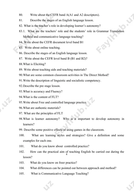 tegies? give a definition and some examples for each one. 101. what do you know about controlled practice? 102. how can the practical aim of teaching english be carried out during the lesson? 103. what do you know on freer practice? 104. what differences can be pointed out between approach and method? 105. what is communicative language teaching? 106. do you think a teacher’s feedback to the student should be given frequently or infrequently, so students will develop independence? why? why not? 107. what are the main components of a lesson plan? 108. what are the aims of a) pre-listening, b) while-listening, c) post-listening activities? illustrate each by giving an example. 109. what are the teachers’ role and the students’ role in grammar translation method 110. what are some possible benefits of using role-play in the classroom? list at least three. 111. what is lead in activity? 112. what is …