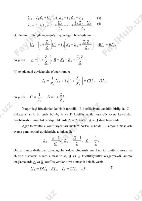 bat bilan bog’langanligini inobatga olsak, unda a, b, c, d koeffitsiyentlarni topish mumkin. (7). (10) tenglamalarni a d – b c =1 tenglama bilan birgalikda yechib, quyidagilarni hosil qilamiz: shunday qilib, to’rtqutblikning a, b, c, d koeffitsiyentlarini aniqlash uchun yuqorida keltirilgan tajribalardan uchtasini, simmetrik to’rtqutblik uchun esa ikkitasini o’tkazish kifoya. to’rtqutblikning salt ishlash va qisqa tutashishi (1) va (2) tenglamalardan ko’rinib turibdiki, to’rtqutblik kirishidagi kuchlanish ham tok ham ikkita tashkil etuvchidan iborat bo’lib, ulardan biri u2 kuchlanishga, ikkinchisi esa i2 tokka proporsional. to’rtqutblikning ikkita: salt ish va qisqa tutashish chegaraviy rejiminlarini ko’rib chiqamiz. salt ish rejimida to’rtqutblik chiqishidagi kuchlanish uning normal ish rejimidagi nominal kuchlanishga, qisqa tutashish rejimida to’rtqutblik chiqish toki normal ish rejimidagi tokka teng qilib olinadi: (11) (11) va (5) tenglamalarni o’zaro taqqoslab, u1 kuchlanish va i1 tok salt ish va qisqa tutashish rejimlaridagi mos ravishda kuchlanishlar va toklar yig’indisiga tengligiga ishonch hosil qilish mumkin, ya'ni: shunday qilib, …