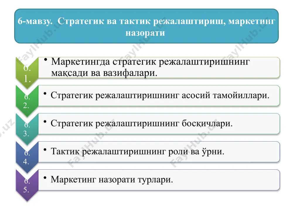 риш молиявий курсаткичларни режалаштириш 11.05.2025 10 стратегик маркетинг назорат шакллари рентабеллик йиллик 2. маркетинг назорати турлари 11.05.2025 11 максадга эришиш даражасини белгилаш маркетинг назоратининг максадлари корхона мослашув- чанлигини талаб килинган атроф-мухит узгаришларига канчалик мос келишини аниклаш яхшиланиш имкониятини аниклаш 11.05.2025 12 фойдадорликни назорат килиш стратегик назорат йиллик режани бажарилишини назорат килиш маркетинг назорати турлари 11.05.2025 13 маркетингни назорат килиш жараёни боскичлари режа курсаткичларидан хакикийсини имконият фаркини тахлили фаолиятни режа ва хакикий курсаткичлари натижаларини солиштириш фаолиятни хакикий курсаткичлари натижаларини улчаш назорат килишга мулжалланган режа курсаткичларини асослаш янги режалар ишлаб чикиш, корректировкалаш 11.05.2025 14 маркетинг назорати маркетинг–микс самарадорлиги маркетинг хизмати ходимлари фаолияти фирмада маркетинг потниали маркетинг чора-тадбирлари ташқи мухит омиллари тақсимлаш тизимида фаолият маркетинг нуқтаи назаридан аралаш маркетинг бўлими фаолият image1.jpeg image2.jpeg image3.jpeg image4.jpeg image5.jpeg image6.jpeg image7.jpeg image8.jpeg image9.jpeg image10.jpeg image11.jpeg image12.jpeg
