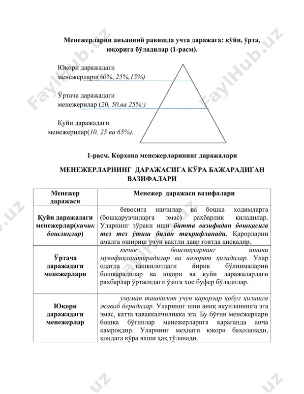 а даражадаги менежерлари кичик бошлиқларнинг ишини мувофиқлаштирадилар ва назорат қиладилар. улар одатда ташкилотдаги йирик бўлинмаларни бошқарадилар ва юқори ва қуйи даражалардаги раҳбарлар ўртасидаги ўзига хос буфер бўладилар. юқори даражадаги менежерлар умуман ташкилот учун қарорлар қабул қилишга жавоб берадилар. уларнинг иши аниқ якунланишга эга эмас, катта таваккалчиликка эга. бу бўғин менежерлари бошқа бўғинлар менежерларига қараганда анча камроқдир. уларнинг меҳнати юқори баҳоланади, қоидага кўра яхши ҳақ тўланади. менежерлар ташкилий қобилияти • мослашилган сафарбарлик, яъни фаолиятнинг ижодий шакллари, билимларни чуқурлаштириш, ташаббускорликка мойиллик, консерватизмга чидай олмаслик, асосланган таваккалчиликка тайёрлик, янгиликларга интилиш, ўзини тута билиш, тадбиркорлик ва ҳ.к.; • алоқа қила олишлик, яъни дилкашлик, одамларни ўзига ром қилиш қобилияти, одамларни эшитиш, тушуниш ва ишонтиришни билиш, ҳамда низоли вазиятга ҳамсуҳбатининг кўзи билан қараш қобилияти; • стрессларга барқарорлик, яъни муаммоли вазиятларда ақлий ва ҳиссиётли ҳимояланганлик, ўзини ўзи тута билишлик ва қарорлар қабул қилишда тафаккурнинг хушёрлиги; • доминативлик (устин бўлишлик), яъни ҳукмронлик, шуҳратпараслик, шахсий мустақиллик, етакчиликка интилиш, ўзини …