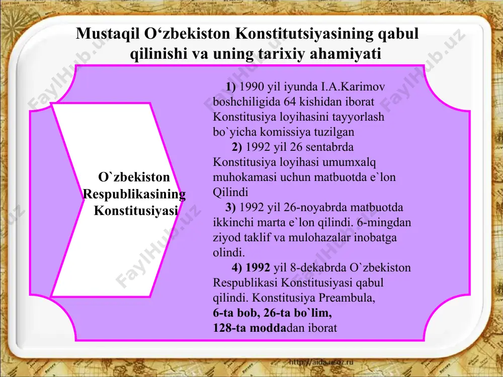 ng konstitutsiyaviy sudi; o‘zbekiston respublikasining oliy sudi; o‘zbekiston respublikasining oliy xo‘jalik sudi; qoraqalpog‘iston respublikasi fuqarolik va jinoyat ishlari bo‘yicha oliy sudlari; qoraqalpog‘iston respublikasi xo‘jalik sudi; fuqarolik va jinoyat ishlari bo‘yicha viloyat va toshkent shahar sudlari; fuqarolik va jinoyat ishlari bo‘yicha tumanlararo, tuman, shahar sudlari; viloyatlar va toshkent shahrining xo‘jalik sudlari; harbiy sudlar. 15 o‘zbekiston respublikasi qurolli kuchlari. 14.01.2024 16 o‘zbekiston respublikasi prezidentininig 1991-yil 6-sentabrdagi farmoniga asosan mudofaa ishlari vazirligi tashkil qilindi. harbiy qasamyod mazkur qaror qabul qilingan kun – 14-yanvar o‘zbekiston respublikasining 1993-yildagi qonuniga muvofiq “vatan himoyachilari kuni” deb e’lon qilindi. 14.01.2024 17 o‘zbekiston respublikasi konstitutsiyasining 93-moddasiga muvofiq prezident mamlakat qurolli kuchlarining oliy bosh qo‘mondoni hisoblanadi. 14.01.2024 18 savol va topshiriqlar: 1. o‘zbekistonda bir palatali parlament faoliyat ko‘rsatgan davrdagi o‘ziga xoslik nimalardan iborat? ikki palatali parlament tashkil etish zarurati nimada? 2. davlat boshqaruvida hokimiyat bo‘linishi qanday ahamiyatga ega? 3. o‘zbekistonda ijro hokimiyatiga qaysi davlat idoralari kiradi? 4. o‘zbekistonda “vatan himoyachilari …