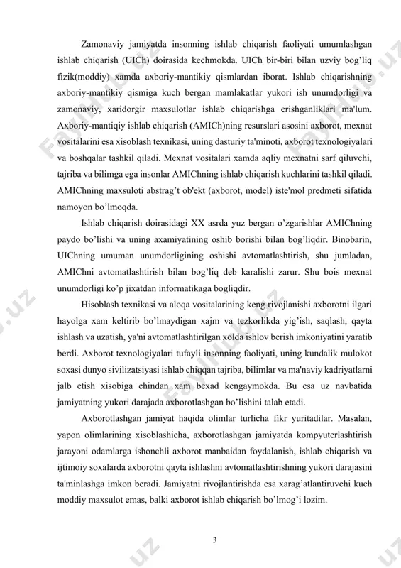 dilar. masalan, yapon olimlarining xisoblashicha, axborotlashgan jamiyatda kompyuterlashtirish jarayoni odamlarga ishonchli axborot manbaidan foydalanish, ishlab chiqarish va ijtimoiy soxalarda axborotni qayta ishlashni avtomatlashtirishning yukori darajasini ta'minlashga imkon beradi. jamiyatni rivojlantirishda esa xarag’atlantiruvchi kuch moddiy maxsulot emas, balki axborot ishlab chiqarish bo’lmog’i lozim. axborotlashgan jamiyatda nafaqat ishlab chiqarish, balki butun turmush tarzi, qadriyatlar tizimi xam o’zgaradi. barcha xarag’atlar tovarlarni ishlab chiqarish va iste'mol etishga yunaltirilgan sanoat jamiyatiga nisbatan axborotlashgan jamiyatda intellekt, bilimlar ishlab chiqariladi va iste'mol etiladiki, bu xol aqliy mexnat ulushining oshishiga olib keladi. insondan ijodiyotga qobiliyat talab etiladi, bilimlarga extiyoj oshadi. axborotlashgan jamiyatning moddiy va texnologik negizini kompyuter texnikasi va kompyuter tarmoqlari, axborot texnologiyalari, telekommunikatsiya aloqalari asosidagi turli xil tizimlar tashkil etadi. axborotlashgan jamiyat — jamiyatning ko’pchilik a'zolari axborot, ayniqsa, uning oliy shakli bulmish bilimlarni ishlab chiqarish, saqlash, qayta ishlash va amalga oshirish bilan band bo’lgan jamiyatdir. axborotlashgan jamiyatga o’tishda kompyuter va telekommunikatsiya axborot texnologiyalari negizida yangi axborotni qayta …