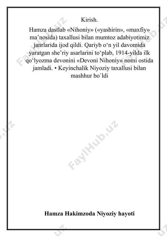 hi” • 1918-yil “tuhmatchilar jazosi”; • 1919-1920-yil “farg’ona fojiasi” dramasi; • 1920-yil “eshonlikka xiyonat” dramasi; • 1926-yil “burungi qozilar yoki maysaraning ishi” dramasi; • 1926-yil “burungi saylovlar” ; • 1926-yil “paranji sirlaridan bir lavha yoki yallachilar ishi”; • 1927-yil “jahon sarmoyasining eng oxirgi kunlari”; • 1927-yil “o’zbek xotin-qizlariga” g’azal. «oq gul» bo‘limidan o`rin olgan. “do‘st mavlon-ey” kuyi asosida aytiladi. xalqona ohangi: men bu yonga kelmas erdim, yora kelturding maniyo! o‘tga solsa kuymas erdim, yora kuydirding maniyo! do‘st mavlon-ey, ko‘nglim olloh sandadur. hamzaning tarbiyachilik faoliyatini uning shu mavzuda yozgan asarlari yanada to`ldiradi. uning tarbiyaviy mavzuda yaratgan “ilm ista”, “maktab”, “kitob”, “o`qi”, “qalam”, “hikoya”, “to`g`ri so`z bola”, “hikoyat”, “toshbaqa bilan chayon”, “bolaning yomon bo`lmog`iga sabab bo`lgan onaning jazosi” kabi she’rlari xarakterlidir. bu asarlar shoirning 1914 -yilgacha bo`lgan ijodidan namuna sifatida tahsinga loyiqdir. hamza xalqni o`qitish, savodxon qilish uchun tinimsiz intiladi va kurashadi. maktablar uchun darslik va qo`llanmalar yozishni o`ziga maqsad qilib olgan …