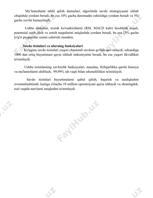 acd kabi) hisoblash orqali, potentsial sotib olish va sotish nuqtalarini aniqlashda yordam beradi, bu esa 15% gacha to'g'ri prognozlar sonini oshirishi mumkin. savdo tizimlari va ularning funksiyalari ko'pgina savdo tizimlari yuqori chastotali savdoni qo'llab-quvvatlaydi, sekundiga 1000 dan ortiq buyurtmani qayta ishlash imkoniyatini beradi, bu esa yuqori likvidlikni ta'minlaydi. ushbu tizimlarning xavfsizlik funksiyalari, masalan, firibgarlikka qarshi himoya va ma'lumotlarni shifrlash, 99,99% ish vaqti bilan ishonchlilikni ta'minlaydi. savdo tizimlari buyurtmalarni qabul qilish, bajarish va tasdiqlashni avtomatlashtiradi, kuniga o'rtacha 10 million operatsiyani qayta ishlaydi va shuningdek, real vaqtda narxlarni aniqlashni ta'minlaydi. 📌xulosa акция биржалари фаолиятидаги дастурларнинг самарали қўлланилиши трансакциялар тезлигини оширади, хатоларни камайтиради, шаффофликни таъминлайди ва бозор самарадорлигини яхшилайди. бу эса инвестицияларни жалб этиш ва иқтисодий ўсишни рағбатлантиришга хизмат қилади. 📚foydalanilgan adabiyotlar 1. akmalov, a.a. (2023). fond birjalaridagi operatsiyalarni avtomatlashtirish. iqtisodiyot va moliya, 1, 25-32. 2. qosimov, b.x. (2022). qimmatli qog'ozlar bozorining rivojlanishi va fond birjalarining roli. moliya bozori, 2, 5-18. 3. karimov, …