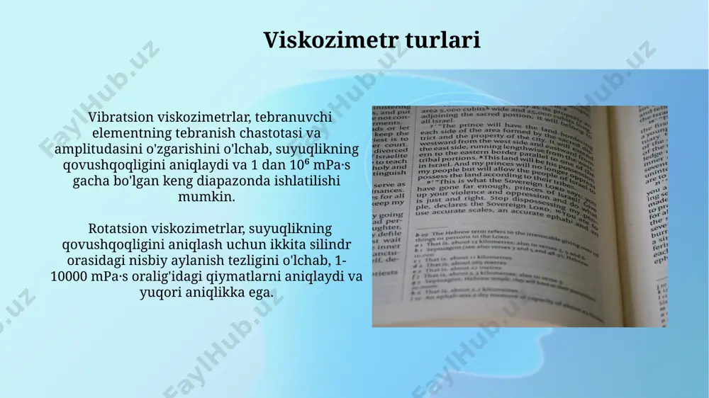 alibrlashdan so'ng, sertifikat beriladi va unda viskozimetrning kalibrlash sanasi, ishlatilgan standart suyuqlikning xususiyatlari va o'lchov natijalari qayd etiladi, bu esa asbobning aniqligi va ishonchliligini tasdiqlaydi. vibratsion viskozimetrlar vibratsion viskozimetrlarning asosiy afzalligi – o'lchovlarning tezligi va soddaligi, odatda 1-2 soniya ichida natija beradi va minimal namunaviy hajmini talab qiladi. uskuna past yopishqoqlikli suyuqliklarni o'lchash uchun juda mos keladi va 0,1 dan 10000 mpa·s gacha bo'lgan diapazonda ishlashi mumkin, natijalarni soniyada taqdim etadi. rotatsion viskozimetrlar rotatsion viskozimetrlar suyuqlikning qovushqoqligini o'lchash uchun vosita bo'lib, aylanish tezligi 10 dan 100 rpm gacha bo'lgan rotorning momentini o'lchaydi va shu orqali dinamik yopishqoqlikni aniqlaydi. ba'zi rotatsion viskozimetrlar couette va searle tizimlariga asoslangan bo'lib, silindrsimon geometriyadan foydalanib, 0,1 dan 100000 mpa·s gacha bo'lgan keng qovushqoqlik diapazonini o'lchaydilar. reometrlar reometrlardagi o'lchov tizimidagi yuqori daqiqlik va sezgirlik, 0,1% dan kam xatolik bilan o'lchashlar olish imkonini beradi va bu esa materiallarning reologik xususiyatlarini aniq va ishonchli baholashga yordam beradi. reometrlar …