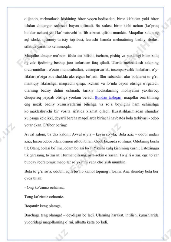 yuzaki qaraganda kattalar bilan bolalar, bolalar bilan kattalar o`rtasida topishmoqlar aytish, shunchaki bir ermakday tuyuladi, zerikmaslik uchun, vaqtni tez o`tkazishga qaratilganday ko`rinadi. aslida esa topishmoqlar fikr qayrovidir, ular orqali bola obrazli fikrlaydigan va obrazli so`zlaydigan bo`ladi. topishmoqlar bolada so`z boyligini orta borishiga va nutqining o`sishiga yordam qiladi. bolaga topishmoq topishni o`rgatish bilan unda fikrlashning asta-sekin yuksalishiga sabab bo`ladi. demak, xalq og`zaki ijodining eng qadimgi va eng faol janrlaridan biri topishmoqdir. topishmoqlar inson, ijtimoiy hayot va tabiat hodisalari bilan chambarchas bog`langan bo`lib, hammavaqt real voqelikka asoslanadi. unda atrofimizni o`rab turgan moddiy dunyodagi turli narsalar aks etadi. har bir topishmoq o`ziga xos shakl va mazmunga ega bo`lgan mustaqil bir asardir. unda falsafiy, tarixiy, etnografik belgilar, tushunchalar, hodisalarning mohiyati nihoyatda go`zal, obrazli ifodalar bilan aks ettiriladi. bu janr ikki kishi yoki jamoa o`rtasida berilgan jumboqli savolga javob qaytarish tarzida ijro etiladi. an’anaviy topishmoqlarning savol qismi tabiat, tabiat hodisalari, umuman har bir ob’ektga badiiy …
