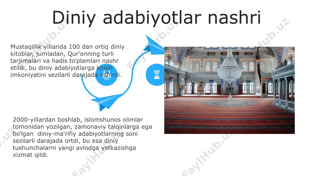 remizmning oldini olish bo‘yicha 10 yillik milliy dastur amalga oshirildi, natijada 30% ga jinoyatchilik kamaydi. radikalizm va ekstremizmga qarshi kurash ayollarning diniy hayotdagi ishtiroki ayollar diniy jamoatlarda faol ishtirok etib, xayriya ishlari, diniy maʼrifatga oid tadbirlarni tashkil etishda muhim rol oʻynaydi, ularning 40% dan ortigʻi masjidlarda xotin-qizlar guruhlarida faol. mustaqillik yillarida ayollar diniy taʼlim muassasalariga qabul qilinishi sezilarli darajada oshdi, 2000-yillardan boshlab ularning soni 30% dan oshdi. mustaqillik yillarida ayollar diniy taʼlim muassasalariga qabul qilinishi sezilarli darajada oshdi, 2000-yillardan boshlab ularning soni 30% dan oshdi. zamonaviy diniy ta'limning rivojlanishi diniy ta’limning sekulyar fanlar, xususan, huquq va ijtimoiy fanlar bilan integratsiyasi kuchaydi, bu esa diniy bilimlarni chuqurroq tushunishga yordam beradi. 2000-yillardan boshlab, diniy ta’limda xorijiy tillarning o'rgatilish darajasi oshirildi, xalqaro hamkorlik doirasida 50 dan ortiq xorijiy mutaxassislar taklif qilindi. islom ta'limi va madrasalar madrasa bitiruvchilarining bandligi va ijtimoiy moslashuvi uchun davlat tomonidan qo'llab-quvvatlash dasturlari ishlab chiqildi va 5000 dan ortiq bitiruvchilarga …