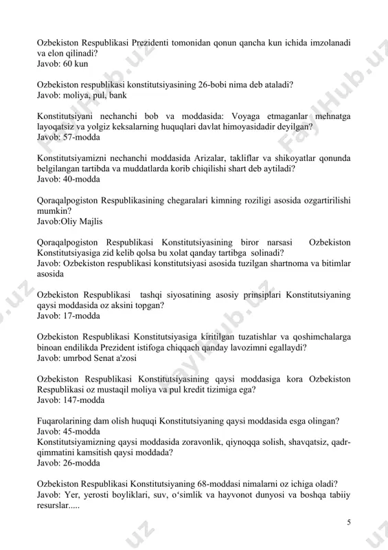 a solinadi? javob: ozbekiston respublikasi konstitutsiyasi asosida tuzilgan shartnoma va bitimlar asosida o�zbekiston respublikasi tashqi siyosatining asosiy prinsiplari konstitutsiyaning qaysi moddasida o�z aksini topgan? javob: 17-modda o�zbekiston respublikasi konstitutsiyasiga kiritilgan tuzatishlar va qo�shimchalarga binoan endilikda prezident istifoga chiqqach qanday lavozimni egallaydi? javob: umrbod senat a'zosi o�zbekiston respublikasi konstitutsiyasining qaysi moddasiga ko�ra o�zbekiston respublikasi o�z mustaqil moliya va pul kredit tizimiga ega? javob: 147-modda fuqarolarining dam olish huquqi konstitutsiyaning qaysi moddasida esga olingan? javob: 45-modda konstitutsiyamizning qaysi moddasida zo�ravonlik, qiynoqqa solish, shavqatsiz, qadr-qimmatini kamsitish qaysi moddada? javob: 26-modda o�zbekiston respublikasi konstitutsiyaning 68-moddasi nimalarni o�z ichiga oladi? javob: yer, yerosti boyliklari, suv, oʻsimlik va hayvonot dunyosi va boshqa tabiiy resurslar..... o�zbekiston respublikasi konstitutsiyasining qaysi bobi jamoat birlashmalariga ajratiladi? javob: 13-bob o�zbekiston respublikasi konstitutsiyasiga muvofiq kim o�zbekiston nomidan ish olib borish xuquqiga ega? javob:prezident va oliy majlis qaysi organi o�zbekiston respublikasi chegaralarini o�zgartirishga xaqli. javob:oliy majlis kim respublika byudjetini qabul qiladi va uning …