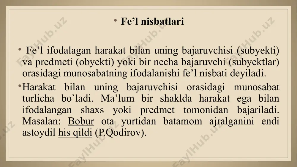 negiziga unlidan so`ng –n, undoshdan so`ng –in affiksini qo`shish bilan: bastala-n(-di), ol-in(-di) kabi. majhullik nisbatdagi fe’lni hosil qilishda –l (-il) affiksi ko`proq qo`llaniladi. ba’zan ayni bir fe’l negizidan –l (-il), -n (-in) affikslari bilan ham o`zlik, ham majhullik nisbati yasalishi mumkin. bunday bir xil shaklda kelgan bir xil fe’l negizining o`zlik yoki majhullik nisbatda ekanligi matndan aniqlaniladi. masalan: zulfiya darsga tayyorlandi. operatsiyaga meditsina uskunalari tayyorlandi. birgalik nisbat – bu nisbatdagi fe’lda ish-harakat bir necha subyekt tomonidan birgalikda bajariladi. masalan: ayollar chaqaloqqa ko`z tegmasligi uchun qilinadigan irim-sirimlarini bitirishgach, bolani beshikka belashdi (o`.hoshimov) gapida bitirishgach, belashdi fe’llari anglatgan harakatning bir necha subyekt, ya’ni ayollar tomonidan birgalikda bajarilganini anglatadi. birgalik nisbatdagi fe’l quyidagicha yasaladi: fe’l negiziga unlidan so`ng –sh, undoshdan so`ng –ish affiksini qo`shish bilan: sana-sh(di), yugur-ish(di) kabi; orttirma nisbat - bu nisbat shaklida harakat grammatik subyekt (ega)ning boshqa bir subyekt yoki obyektga ta’siri, tazyiqi bilan bajariladi. masalan: biz hamid olimjon bilan bunday …