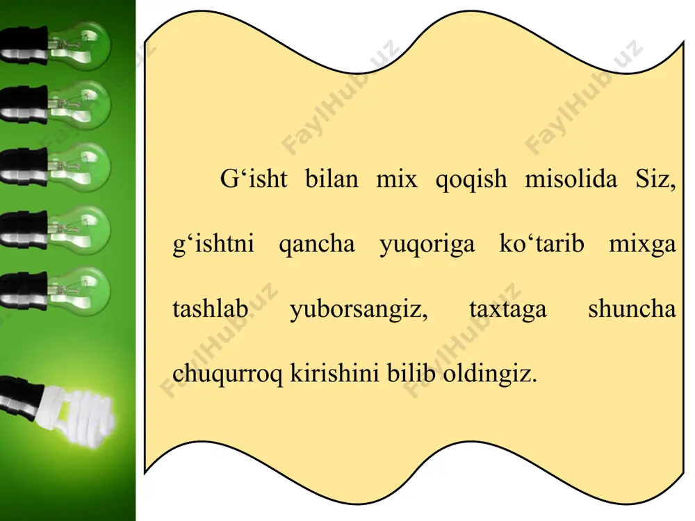 , kerosin, dizel yonilg‘isi deb ata luvchi neft mahsulotlari dvigatellarda yoqilib, issiqlik energiyasi hosil qilinadi. so‘ngra issiqlik energiyasi mexanik ishga aylanadi. xuddi shunday, elektr stansiyalarda suvning mexanik energiyasi yoki yoqilg‘i yonishi tufayli hosil qilingan issiqlik energiyasi elektr energiyasiga aylantiriladi. sanoatda, maishiy xizmatda elektr energiyasi boshqa turdagi energiyaga yoki ishga aylanadi. insonlar va hayvonlar ham faoliyat ko‘rsatishlari uchun energiya sarflaydilar. ular bu energiyani iste’mol qiladigan oziqalaridan oladilar. har kuni katta yoshli kishilarga 15 000 000 j, maktab yoshidagi bolalarga (11–15 yosh) – 12 000 000 j energiya kerak bo‘ladi. aynan bir xil ishni bajarish uchun turlicha vaqt kerak bo‘lishi mumkin. masalan, 10 000 ta g‘ishtni 100 m ga tashish uchun ikki kishi kuni bilan ishlashi kerak bo‘lsa, mashinada bu ishni bir necha minutlarda bajarish mumkin. ishning tez yoki sekin bajarilishini ko‘rsatadigan kattalik sifatida quvvat tushunchasini kiritamiz. quvvat deganda, biror vaqt bo‘lagi ichida (1 sekundda) bajarilgan ish tushuniladi. quvvatni n bilan belgilasak, …