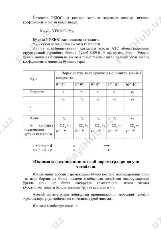 қини лойиҳалашнинг турли босқичларида телефон зичлигининг мейёрлари ишлаб чиқилди. халқ хўжалиги соҳасида телефон зичлиги 100 та одамга тўғри келадиган телефон аппаратлари (терминаллар) сони билан ифодаланади. таксафонлар сони ҳам шунга ўхшаш лойиҳаланади. вақт бирлиги битта юклама манбасидан келаётган чақирувларнинг ўртача сони – . телефон юкламаси манбаларининг мавжуд тоифаларига мувофиқ равишда халқ хўжалиги секторидаги битта телефон аппаратидан вақт-вақт бирлиги давомида келадиган чақирувларнинг ўртача сони хх, хусусий уйлардан – , таксофонлардан – т , боғловчи линиялардан бл билан белгиланади. умуман олганда к тоифа манбалардан атс га келаётган юклама чақирувларининг битта манбадан келадиган ўртача сони қуйидаги ифода билан аниланади. c= (2.) бу ерда i – i- тоифали манбалардан келаётган чақирувларнинг ўртача сони. амалдаги тармоқларда юкламани кузатиш натижалари бўйича олинган маълумотларга биноан битта манбадан келадиган екюс чақирувларнинг ўртача сони (тоифаларга мос равишда) қуйидагини ташкил қилади: cхх= 1.9%3.4; cкв=0,7%1,0; cбл=6%10 коммутацион тизим битта чақириқга хизмат кўрсатган ўртача бандликни узунлиги- . битта бандлик узунлиги бу маълум вақт …