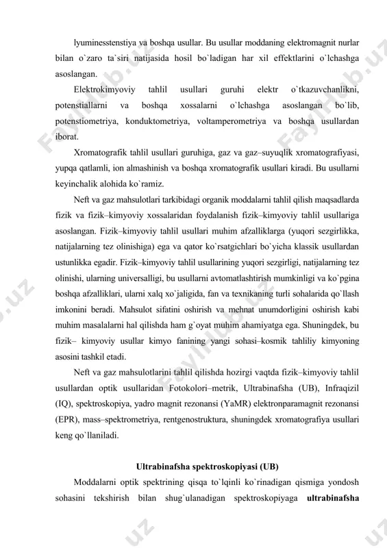 n shug`ulanadigan spektroskopiyaga ultrabinafsha spektroskopiya deyiladi. ultrabinafsha spektro-skopiya elektronlarning bir energiya pog`onasidan boshqa energiya pog`onasiga o`tishiga asoslangan. shuning uchun bu spektrni ko`p hollarda elektron spektr deb ham ataladi. molekulaning har qanday elektron holati shu molekulaning aylanma va tebranma qo`zg`algan holatga o`tkazish uchun kerakli energiya elektronlarni yuqoriroq energetik pog`onaga o`tkazish uchun talab qilinadigan energiyadan kichik bo`lishi ma`lum. shuning uchun ham molekulaga energiyasi ancha katta bo`lgan ultrabinafsha nurlar tushurilganda uning har uchchala (aylanma, tebranma, elektron) energiyasi o`zgaradi. u holda elektron ultrabinafsha (ub) spektrlar juda murakkab bo`lishi mumkin, chunki spektrda uch xil energiya o`zgarishlariga muvofiq keladigan chiziqlar kuzatiladi. aylanma va tebranma spektrlar, ba`zan spektrning nozik strukturasi ham deyiladi. nozik strukturalar ub–spektrlarni interpretastiya (ya`ni, izoh berish) qilishda juda qiyinlik tug`diradi. buni bartaraf qilish uchun moddalar spektlari eritmada olinadi. erituvchi molekulalari erigan moddaning aylanma–tebranma harakatiga xalaqit bergani uchun spektr eritmada olinganda nozik strukturalar bo`lmaydi yoki juda kam kuzatiladi (rasm). rasm. sirka aldegidining ub spektrlari (i) …