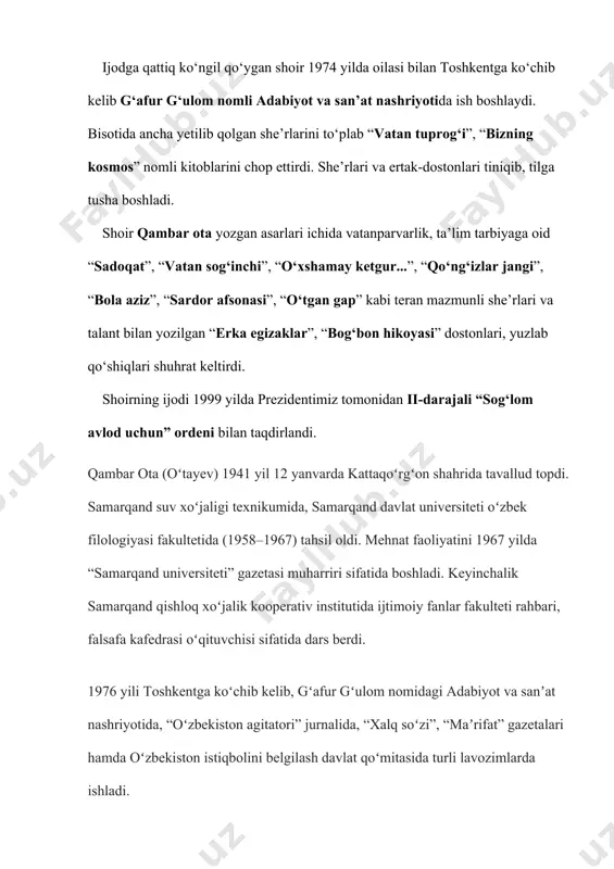 i toʻplami 1965 yili chop etildi. shundan soʻng bolalarga bagʻishlangan “yoshlik sururi” (1972), “chinor ansambli” (1976), “adashboy” (1975), “bizning kosmos” (1976), “tinim bilmas shamolvoy”, “chavandoz orzusi” (1985), “shirin soʻz” (1988), “gʻildirak” (1989), “tabiatga rahmat” (1991), “sizday yashagim kelar” (1994), “bolalarning koʻzlari” (1995), “toshpolvon va ishpolvon haqida ertak”, “guldasta” (2001), “alifbe bayrami” (2003), “quyosh bilan gaplashdim” (2005), “kitobsevar oftoboy” (2006), “tomda uxlagan bola” (2008), “quyosh bola, oy bola” (2010), kattalar uchun “vatan tuprogʻi” (1976), “diydor” (1981), “izlar” (1991), “tinmay izlan, yuragim”, “dil koʻrki” (2010) kabi koʻplab kitoblari nashr qilindi. tarjimon sifatida belorus, ukrain, latish, eston, rus, shuningdek, jahon bolalar shoirlari ijodidan saralab oʻzbek tiliga oʻgirdi. ayni choqda oʻzining ham koʻplab sheʼrlari rus, belorus, qozoq, qoraqalpoq, turkman, tojik, uygʻur, turk tillariga tarjima qilindi. qambar otaning ellikka yaqin sheʼri boshlangʻich sinf darsliklari, darsdan tashqari oʻqish kitoblari, maktab va bogʻchalar uchun metodik qoʻllanmalar, tabiat darsliklariga kiritilgan. yuzdan ortiq sheʼrlariga kuylar bastalangan. sadoqatni odat qildim …