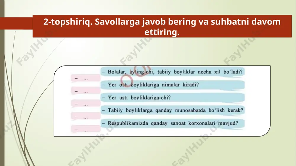 tlar ishlab chiqariladi. shahrimizda juda chiroyli, ko'rkam binolar, xi yobonlar bor. tog'li hududda joylashgani uchun dam olish mas kanlari ham ko'p. shuningdek, chirchiqda harbiy bilim yurti ham mavjud. oʻzing qaysi shahardansan? shahringda nimalar bor? men... 7-topshiriq. suhbat matnini rollarga bo'lib o'qing va davom ettiring. vatan bu,..., tug'ilib o'sgan yurtimiz, qadim tariximiz va boy madaniyatimizdir...., har birimiz vatanimiz oldidagi o'z burchimizni bajarishimiz, uni sevib, ardoqlab asrashimiz kerak. ..., unga xizmat qilish hammamizning burchimizdir. foydalanish uchun so'zlar demak, shubhasiz, xulosa qilib aytganda 6-mashq. foydalanish uchun berilgan so'zlarni qo'llab, gaplarni to'ldirib yozing. foydalanilgan adabiyot o‘zbek tili [matn]: ta’lim rus va qardosh tillarda olib boriladigan maktablarning 8-sinfi uchun darslik. / x. muxitdinova. – qayta ishlangan 4-nashri. – t: “o‘qituvchi” nmiu, 2019. – 128 b. ushbu taqdimot slaydi mahsulotidir. diqqat! ushbu mahsulotni tijoriy maqsadda ko‘paytirish javobgarlikka sabab bo‘ladi! image12.jpg image20.png image21.png image10.png image22.png image23.png image24.png image26.png image27.png image28.jpg image4.png image5.png image8.png /docprops/thumbnail.jpeg