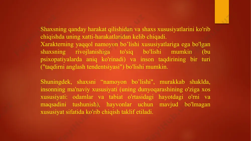 hos hususiyatlari xarakter shaxsda muhit tarbiya ta`sirida irodaviy faolligida xarakterning psixologik va fiziologik sabablari haqida faqat taxminiy fikrlar, xulosalar mavjud. kishi temperamenti uning xarakteri tarkibiga kiradi, shu sababli ham xarakterning fiziologik asosi asab tizimining tipidan iborat. xarakter xislatlari shaxsning qiyin hosil qilinadigan va mustahkamlanib qoladigan xususiyatlari bo`lganlari tufayli, xarakterning fiziologik asosi ham individual hayot jarayonida asab tizimining o`zgargan xususiyatlaridan iborat. xarakterning fiziologik asoslari xarakter tipologiyasi psixologiya tarixida xarakterning tipologiyasini ishlab chiqishga bir necha bor urinib ko`rilgan. nemis psixologi va psixiatri e.krechmer tomonidan xx asr boshlarida tavsiya etilgan tipologiya eng mashhur va dastlabki urinishlardan biri edi. keyinchalik uning hamkasblari u.sheldon, e.fromm, k. leongard va a.e.lichkolar tomonidan ham shunday tipologiyalar tavsiya etildi. inson xarakterining barcha tipologiyalari quyidagi asosiy g`oyalarga muvofiq tarzda tashqil etilgan: 1. inson xarakteri uning ontogenetik taraqqiyoti mobaynida juda erta namoyon bo`la boshlaydi va butun hayoti davomida barqaror bo`lib boradi. 2. xarakter tarkibiga kirgan xususiyatlar tasodifiy uyushma emas. ular xarakter …