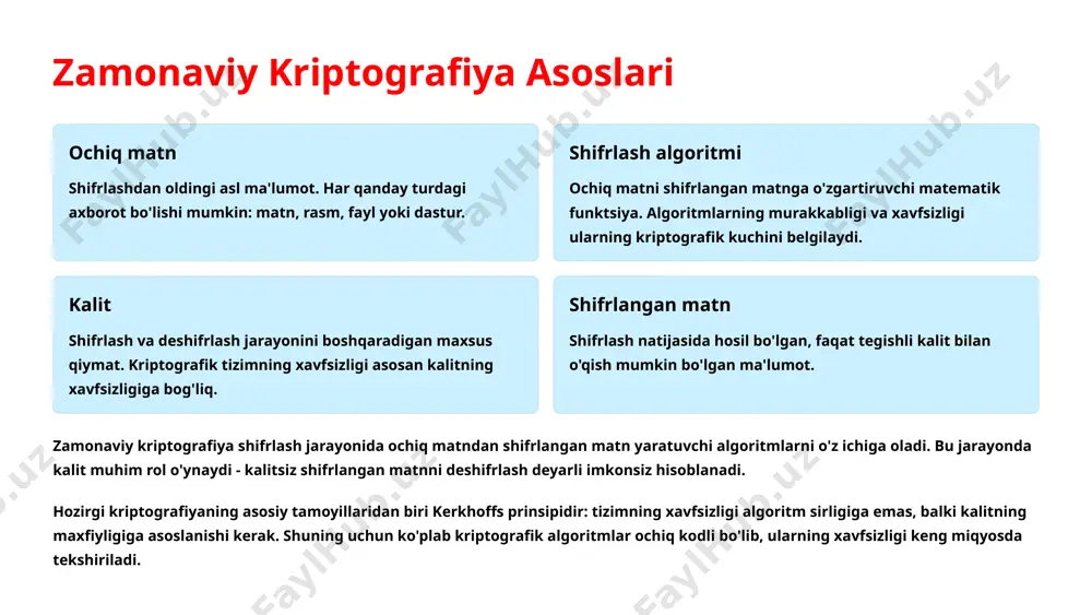ga ega bo'lib, ular tizim resurslarini himoya qilish, foydalanuvchilarni autentifikatsiya qilish va ma'lumotlar xavfsizligini ta'minlashga qaratilgan. kriptografiya operatsion tizimning barcha himoya qatlamlarida muhim rol o'ynaydi. u foydalanuvchi parollarini xeshlash, fayl tizimlarini shifrlash, tarmoq aloqalarini himoyalash va xavfsiz yuklash jarayonlarini ta'minlashda qo'llaniladi. operatsion tizimning xavfsizlik siyosatlari va ruxsat berish modellari ham kriptografik mexanizmlar yordamida amalga oshiriladi, bu esa muhim ma'lumotlarni faqat ruxsat etilgan foydalanuvchilargina ko'ra olishini ta'minlaydi. 8 kriptografiya operatsion tizimlarda to'liq disk shifrlash windows tizimida bitlocker, macos-da filevault va linux-da luks kabi vositalar diskning barcha ma'lumotlarini shifrlash orqali tizim o'chirilganda ma'lumotlarni himoya qiladi. fayl tizimini shifrlash windows-dagi efs (encrypting file system) yoki linux-dagi ecryptfs kabi vositalar alohida fayllar va kataloglarni shifrlash imkonini beradi, bu esa nozik ma'lumotlarni himoya qiladi. parol va kalitlarni boshqarish operatsion tizimlar parollarni xavfsiz saqlash uchun kriptografik xesh funktsiyalardan foydalanadi. zamonaviy tizimlar kuchli pbkdf2 yoki bcrypt kabi funktsiyalardan foydalanadi. xavfsiz yuklash uefi secure boot kabi mexanizmlar yuklash …
