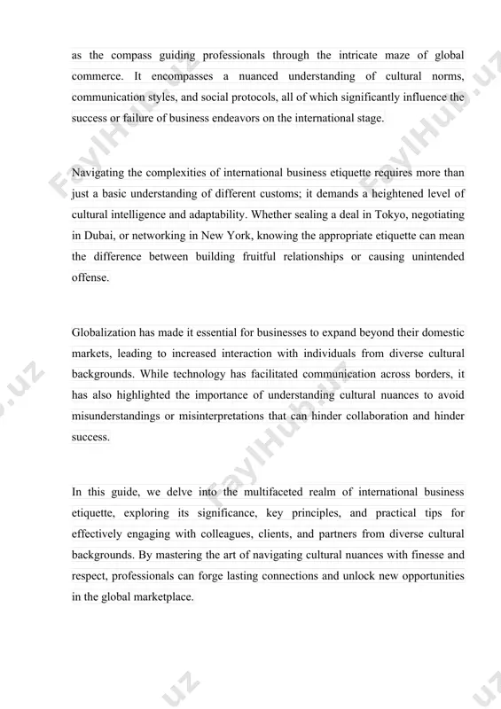 ferences in negotiation styles, such as competitive versus cooperative approaches, can impact the outcome of business negotiations and the development of long-term relationships. strategies for adaptation and cultural sensitivity developing cultural intelligence (cq) is essential for navigating cultural diversity in business. cq involves understanding cultural norms, adapting behavior to different cultural contexts, and effectively interacting with people from diverse backgrounds. cultural sensitivity training programs can help employees recognize and appreciate cultural differences, avoid stereotypes and biases, and develop intercultural communication skills. building diverse and inclusive teams can enhance creativity, innovation, and problem-solving by leveraging different perspectives and cultural insights. establishing partnerships and alliances with local businesses or consultants in foreign markets can provide valuable cultural expertise and facilitate smoother business operations. case study: cultural misunderstandings in international business provide a real-world example or case study illustrating the consequences of cultural misunderstandings in international business. analyze the factors contributing to the …