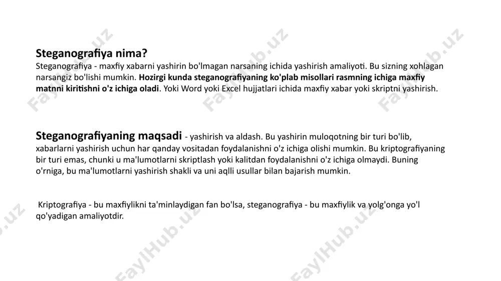 uyidagi yo'nalishlarda ajratish mumkin: texnologik steganografiya va axborot steganografiyasi steganografiyaning klassik metodlari steganografiyaning qo’llanishi image1.png image2.png image3.png image4.png /docprops/thumbnail.jpeg