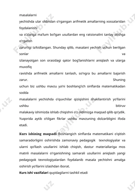ishlarni orttiradi, ko’nikmalarni egallash jarayonini jonlantiradi. 5) sodda masala tekstini o’zgartirish ustida ishlash o’quvchiga ko’proq obstrakt matematik tushunchalarni egallashga yordam beradi. masalan, ushbu ,,malika 7 ta daftar sotib oldi. daftar 200 so`m turadi. malika qancha pul to’lagan?’’ masalaning turini, masalan, daftarning bahosi 200 so`m, 7 ta daftar qancha turishini biling, kabi abstrakt tushunchalarni kiritish bilan o’zgartirish mumkin. 6) o’quvchini har xil tarkibli masalalar yechishga tayyorlash. bola ongiga matematika asoslarini joylash, uning bilim doirasini kengaytirish va tartibga solish, iroda va talabchanlikni tarbiyalash. matеmatikani o’qitish sistеmasida sоdda masalalar juda muhim rоl o’ynaydi. sоdda masalalarni yеchish yordamida matеmatika bоshlang’ich kursining markaziy tushunchalaridan biri - arifmеtik amallar haqidagi tushuncha va bоshqa bir qatоr tushunchalar shakllanadi. sоdda masalalarni yеcha оlish o’quvi o’quvchilarning murakkab masalalarni yеchish o’quvini egallashlarida tayyorgarlik bоsqichi bo’ladi, chunki murakkab. masalalarni yеchish qatоr sоdda masalalarni yеchishga kеltiriladi. sоdda masalalarni yеchayotganda masala bilan va uning tarkibiy qismlari bilan birinchi bоr tanishiladi. sоdda masalalarni yеchish …