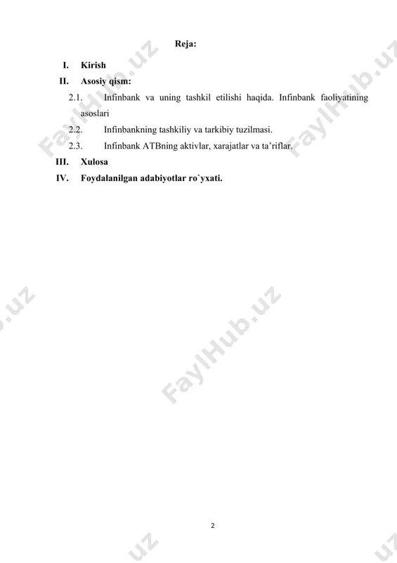 kazmalari, valyuta ayirboshlash, plastik kartalar va internet bank xizmatlari. infinbank o‘z faoliyatini tashkil qilishda korporativ boshqaruv tamoyillariga, ochiqlik va shaffoflikka amal qiladi. bank boshqaruv tuzilmasi quyidagicha tashkil etilgan: bank kuzatuv kengashi, boshqaruv raisi va u boshchiligidagi departamentlar, bo‘limlar, filiallar va mini-banklar. har bir bo‘linmaning aniq vazifasi va funksiyasi mavjud bo‘lib, ular o‘zaro muvofiqlashtirilgan holda ishlaydi. masalan, kredit bo‘limi mijozlarning kreditga bo‘lgan talabini o‘rganadi, tahlil qiladi va qaror qabul qiladi. hisob-kitob bo‘limi esa pul o‘tkazmalari, to‘lov topshiriqlari va hisob raqamlarining yuritilishi bilan shug‘ullanadi. marketing va mijozlar bilan ishlash bo‘limi esa bank xizmatlarini targ‘ib qilish, yangi mijozlarni jalb etish va mavjud mijozlar bilan ishlashni tashkil etadi. amaliyot davomida bankning ichki tizimi, ish yuritish tartibi, xodimlar o‘rtasidagi vazifa taqsimoti, shuningdek mijozlarga ko‘rsatilayotgan xizmatlar bilan bevosita tanishish imkoniyati yaratildi. ayniqsa, raqamli bank xizmatlarining qanday yo‘lga qo‘yilgani, zamonaviy texnologiyalar asosida ishlovchi dasturiy vositalar, xodimlarning malaka darajasi va mijozlar bilan muloqot madaniyati alohida e’tibor qaratishga arzigulik …