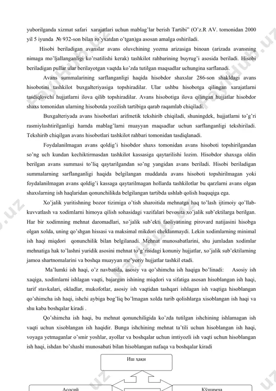 gar xodimdan undirilishi lozim bo’lgan yetkazilgan zarar summasi uning o’rtacha oylik ish xaqidan yuqori yoki zarar aniqlangan kundan boshlab bir oylik muddat o’tgan bo’lsa, undirish sud orqali amalga oshiriladi. hizmat safari harajatlari bo’yicha hisobdor shaxslar bilan hisoblashuvlar amalga oshiriladi. byudjet tashkilotlarida hizmat safari harajatlarini amalga oshirish “o’zbekiston respublikasi hududidagi hizmat safarlari to’g’risida yo’riqnoma (o’z.r av. tomonidan 2003 yil 29 avgustda № 1268-son bilan ro’yxatdan o’tgan) va xorijiy mamlakatlarga hizmat safarlari “vazirliklar, idoralar, korxonalar va tashkilotlar xodimlari o’zbekiston respublikasi tashqarisiga xizmat safariga yuborilganda xizmat safari xarajatlari uchun mablag’lar berish tartibi” (o’z.r av. tomonidan 2000 yil 5 iyunda № 932-son bilan ro’yxatdan o’tgan)ga asosan amalga oshiriladi. hisobi beriladigan avanslar avans oluvchining yozma arizasiga binoan (arizada avansning nimaga mo’ljallanganligi ko’rsatilishi kerak) tashkilot rahbarining buyrug’i asosida beriladi. hisobi beriladigan pullar ular berilayotgan vaqtda ko’zda tutilgan maqsadlar uchungina sarflanadi. avans summalarining sarflanganligi haqida hisobdor shaxslar 286-son shakldagi avans hisobotini tashkilot buxgalteriyasiga topshiradilar. ular ushbu hisobotga …
