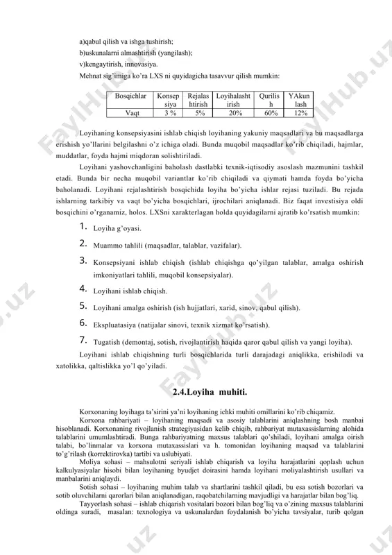 lay olish va hisoblay olish zarurligi kabi, kengroq ko’lamdagi loyihada ham, loyihaga va uning muhitiga ta’sir qilishi mumkin bo’lgan barcha jismoniy, iqtisodiy, ijtimoiy, moliyaviy tashkiliy va h. omillarni aniqlash va hisobga olish muhim, ma’lum sharotlarda bunday omillarning har biri loyiha uchun xavfli bo’lib chiqib ,uning buzilishiga olib kelishi mumkin. loyiha atrof muhit o’rtasidagi munosabatni ma’lum bir mahsulot ishlab chiqaradigan korxona uchun mahsulotni rivjlantirish loyihasi misolida ko’rib chiqish mumkin. oddiy, uzoq muddat faoliyat tashkilot o’zgarishlar va yaegilanish sharoitida talabning yuzaga chiqishiga asos bo’lib xizmat qiladi. bu esa, natijada loyihaning paydo bo’lishiga olib keladi. qachonki loyiha haqiqatdan boshlangan bo’lsa, u mustaqil rivojlana boshlaydi. loyihani amalga oshirish jarayonida uning ishtirokchilari o’z vazifalarini bajarishga diqqat qaratadilar. ular o’z loyihalari olamida yashashadi, fikrlashadi va harakat qilishadi. korxonani uzoq muddat doirasida tashkil qilishda, kichik nisbatan qisqa muddatli «loyiha» tashkiloti paydo bo’ldi. loyihani amalga oshirish davomida korxonaning ishlab chiqarish, sotish, boshqaruvdagi oddiy hayoti davom etaveradi. xuddi shu …