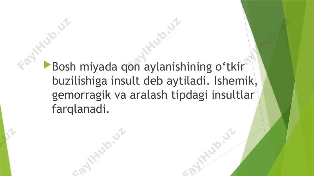 i sababli ro‘y beradi. chunki talamusning medial yuzasi iii qorinchaning lateral devorini hosil qiladi. iv qorinchaga qon quyilishi. iv qorinchaga qon quyilishi, asosan, varoliy ko‘prigi tomiga va miyachaga quyilgan qonning yorib o‘tishi sababli ro‘y beradi. iv qorincha tubida hayotiy muhim markazlar joylashganligi sababli, u yerga qon quyilishi yoki qonning yorib o‘tishi darrov o‘lim bilan tugaydi. bemor 1-2 soat yashashi mumkin, xolos. miyachaga qon quyilishi. miyachaga qon quyilishi miyacha simptomlaridan tashqari iv qorincha va miya ustuni simptomlari bilan namoyon bo‘ladi. klinik simptomlar ensa sohasida kuchli og‘riq, miya- cha simptomlari, barcha mushaklar gipotoniyasi, bosh aylanishi va bruns sindromi (bosh holatini o‘zgartirganda qusishning kuchayishi), ni- stagm, gertvig-majandi simptomi (bir ko‘zning yuqoriga, bir ko‘zning pastga qarab qolishi), ensa mushaklari rigidligi, psevdoparez, miya us- tunida joylashgan hayotiy muhim funksiyalarning buzilishi bilan namoyon bo‘ladi. image1.jpeg image2.jpeg image3.jpeg image4.jpeg image5.jpeg /docprops/thumbnail.jpeg