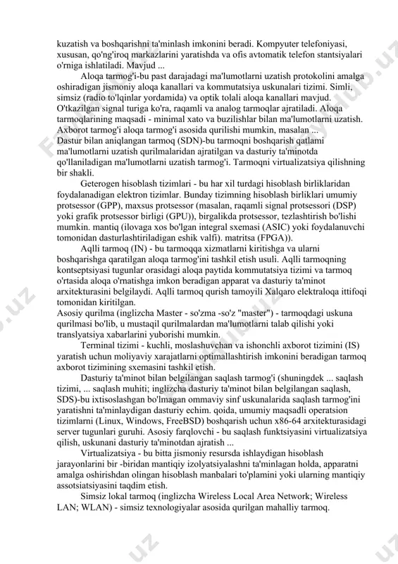 adi. kompyuter telefoniyasi, xususan, qo'ng'iroq markazlarini yaratishda va ofis avtomatik telefon stantsiyalari o'rniga ishlatiladi. mavjud ... aloqa tarmog'i-bu past darajadagi ma'lumotlarni uzatish protokolini amalga oshiradigan jismoniy aloqa kanallari va kommutatsiya uskunalari tizimi. simli, simsiz (radio to'lqinlar yordamida) va optik tolali aloqa kanallari mavjud. o'tkazilgan signal turiga ko'ra, raqamli va analog tarmoqlar ajratiladi. aloqa tarmoqlarining maqsadi - minimal xato va buzilishlar bilan ma'lumotlarni uzatish. axborot tarmog'i aloqa tarmog'i asosida qurilishi mumkin, masalan ... dastur bilan aniqlangan tarmoq (sdn)-bu tarmoqni boshqarish qatlami ma'lumotlarni uzatish qurilmalaridan ajratilgan va dasturiy ta'minotda qo'llaniladigan ma'lumotlarni uzatish tarmog'i. tarmoqni virtualizatsiya qilishning bir shakli. geterogen hisoblash tizimlari - bu har xil turdagi hisoblash birliklaridan foydalanadigan elektron tizimlar. bunday tizimning hisoblash birliklari umumiy protsessor (gpp), maxsus protsessor (masalan, raqamli signal protsessori (dsp) yoki grafik protsessor birligi (gpu)), birgalikda protsessor, tezlashtirish bo'lishi mumkin. mantiq (ilovaga xos bo'lgan integral sxemasi (asic) yoki foydalanuvchi tomonidan dasturlashtiriladigan eshik valfi). matritsa (fpga)). aqlli tarmoq …