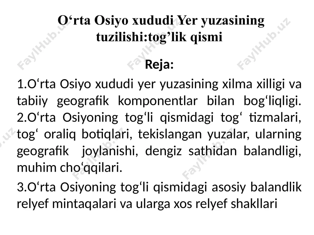 ga chiqarishini) jonlanishiga imkon beradi. to‘rtlamchi davrning plyuvial vaqti (1937 yilda i.p.gerasimov tomonidan aniqlangan), tog‘ massivlari relyefining parchalanishida muhim rol o‘ynab tog‘ tizmalarining chekka qismlarini yemiradi, suv ayirg‘ichdagi qoldiq-denudatsion yuzalarni buzadi. shuning uchun qadimgi tekislangan yuzalar, rayonning tog‘ qismida uncha katta bo‘lmagan parchasimon (fragmentlar) shaklda saqlanib qolgan. plyuvial davrda g‘ovak materiallar tog‘lardan suv oqimlari orqali tog‘li zonalardan tashqariga chiqarib tashlanib, tog‘ oralig‘i va tog‘ oldi depressiyalarida to‘planadi. bunga neogen va to‘rtlamchi davr yotqiziqlarining tog‘ oldi rayonlarini to‘ldirgan g‘ovak jinslarning qalinligi guvohlik beradi. masalan, sangzor daryosining vodiysida neogen va to‘rtlamchi davr tog‘ jinslari yotqiziqlarining umumiy qalinligi 300m dan oshib ketadi kontinental rejim boshlangandan buyon hozirga qadar eroziya, tektonik harakatlarning kuchayishini va sekinlashishini belgilab bordi. neotektonik harakatlar eroziya bilan birga bordi, ya’ni, suvayirg‘ich bilan bazis eroziyasi o‘rtasidagi farq qancha katta bo‘lsa, eroziya ham shuncha intensiv bo‘ladi. bu holni esa, relyefning siklik rivojlanishi misolida ko‘rish mumkin, u tog‘ yonbag‘irlaridagi qator tik ustunlar va …