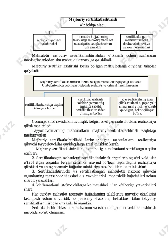 si tabiatni muhofaza qilish davlat qo‘mitasi, iste’molchilarning huquqlarini himoya qilish to‘g‘risidagi qonun hujjatlariga rioya etilishini o‘z vakolatlari doirasida nazorat qiluvchi boshqa davlat boshqaruvi organlari kiradi. o‘zr ning “oziq-ovqat mahsulotlarining sifati va xavfsizligi to‘g‘risida” gi qonunga asosan oziq-ovqat mahsulotining sifati va xavfsizligini ta’minlash sohasidagi davlat boshqaruvi tashkil etildi va uning vazifalari belgilab qo‘yildi. oziq-ovqat mahsulotining sifati va xavfsizligini ta’minlash sohasida davlat tomonidan normalash oziq-ovqat mahsulotining sifati va xavfsizligiga, uni ishlab chiqarish, tayyorlash, xarid qilish, qayta ishlash, yetkazib berish, saqlash, tashish va realizatsiya qilish shart-sharoitlariga qo‘yiladigan talablarni o‘z ichiga oladigan sanitariya, veterinariya, fitosanitariya normalarini, qoidalarini va gigiyena normativlarini, davlat standartlarini, texnikaviy shartlarni belgilash yo‘li bilan amalga oshirilishi belgilab qo‘yildi. oziq-ovqat mahsulotining sifati va xavfsizligiga doir normalar va qoidalar davlat organlari tomonidan qonun hujjatlarida belgilangan tartibda tasdiqlanadi va ular oziq-ovqat mahsuloti muomalasi sohasida ish olib borayotgan yuridik hamda jismoniy shaxslar uchun majburiydir. 3. ixtiyoriy va majburiy sertifikatlashtirish. o‘zbekiston respublikasining milliy sertifikatlashtirish tizimi ikki …