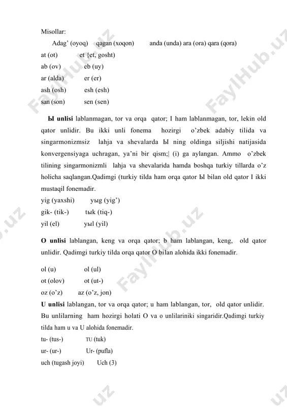 arangsizligi bilan farq qiladi. bu undosh xamma pozitsiyalarda uchraydi: purum (rum), apa tarqan (unvon), tep (deb). v undoshi, yuqorida aytilganideq faqat uyg’ur yodnomalarida bor. v faqat so’z o’rtasi va oxirida o’rxun yodnomalaridagi b o’rnida uchraydi: sav (nutk), sevinch (sevinch). s til oldi-tish, sirg’aluvchi, jarangsiz undosh fonema bo’lib, qalin (velyar) va ingichka (palatal) variantlariga ega. 3 undoshi s dan faqat jarangliligi bilan farq qiladi. t undoshi s dan faqat portlovchililigi bilan farq qiladi. d undoshi 3 dan faqat portlovchililigi bilan farq qilib, so’z o’rtasi va oxirida uchraydi. bodun (xalq) od (zamon). n undoshi d dan sonorligi bilan va nazalligi bilan farqlanadi. demak bu tovush til oldi portlovchi, sonor, nazal, undosh bo’lib, so’z boshida kamroq va boshqa pozitsiyalarda ko’proq uchraydi. neng (narsa), ana (ona), ben (men). l undoshi n dan yon tovushligi va burnaki emasligi bilan farq qiladi. yon yoki lateral undosh deb o’pkadan chiqqan havoning tilning bir yoki ikki yonidan o’tishi …