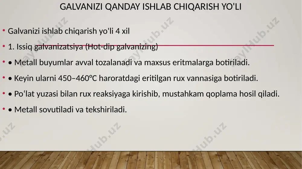 sturaga ega bo‘lib, sink qoplamasi tufayli hosil bo‘lgan himoya qatlamini ko‘rsatadi. galvaniz xaqida aniqroq malumotlar: galvaniz (sink) haqida batafsil ma’lumot 1. galvaniz (sink) nima? galvaniz – bu temir yoki po‘lat yuzasini zanglashdan himoya qilish uchun uni sink (rux) bilan qoplash jarayoni. bu usul metallarning xizmat muddatini uzaytirish va korroziyadan himoya qilish uchun ishlatiladi. sink (zn) kimyoviy jihatdan aktiv metall bo‘lib, u temir va po‘latdan oldin oksidlanib, katod himoyasi deb ataluvchi jarayon orqali asosiy metallarni korroziyadan saqlaydi. 2. galvanizatsiya turlari galvanizatsiya jarayoni turli usullar bilan amalga oshiriladi: a) issiq galvanizatsiya (hot-dip galvanizing) • eng keng tarqalgan usul. • metall eritilgan 450–460°c haroratdagi sink hammomiga botiriladi. • natijada, yuzaga qalin va mustahkam himoya qatlami hosil bo‘ladi. • afzalliklari: uzoq muddatli himoya, mexanik ta’sirlarga chidamli. • qo‘llanilishi: qurilish, ko‘priklar, quvurlar, simlar, avtomobil qismlari. b) elektrokimyoviy galvanizatsiya (electro-galvanizing) • metall elektrolitik hammomga joylashtirilib, elektr toki yordamida sink qoplamasi hosil qilinadi. • afzalliklari: silliq va …