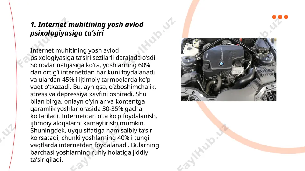 gan. shuningdek, onlayn petisiyalar orqali bir qancha muhim o'zgarishlar sodir bo‘lgan. global miqyosda bu kabi harakatlar 170 dan ortiq mamlakatda qo‘llab-quvvatlangan. mediada irqchilikka qarshi kontent yaratish orqali insonlar ongini o‘zgarishiga ta’sir etish mumkin. ... t.me/slaydai_bot raqamli detoks, ya'ni internetdan uzilish, ruhiy va jismoniy salomatlik uchun foydali. tadqiqotlarga ko'ra, raqamli detoks stress darajasini 30 foizgacha kamaytirishi mumkin. texnologiyadan uzoqlashish diqqatni oshirish, uyqu sifatini yaxshilash va ijodkorlikni kuchaytirishga yordam beradi. 2019 yilda o'tkazilgan bir tadqiqotda ishtirokchilar o'rtacha 2 kunlik detoksdan so'ng 20 foiz ko'proq e'tiborli bo'lishgani aniqlangan. bundan tashqari, ijtimoiy tarmoqlardan uzilish depressiya alomatlarini 33 foizgacha kamaytirishi mumkin. har hafta kamida bir kunlik raqamli detoks ko'plab foydalar keltiradi va real insoniy munosabatlarni rivojlantirishga imkon beradi. ... t.me/slaydai_bot 7. onlayn kontent isteʼmoli va axloqiy me’yorlar onlayn kontent iste'moli tobora oshib borayotgan bir davrda, axloqiy me'yorlarga rioya qilish muhim ahamiyat kasb etmoqda. o'zbekiston aholisining internetdan foydalanish ko'rsatkichlari 2023 yilda 27 milliondan oshdi. har kuni …
