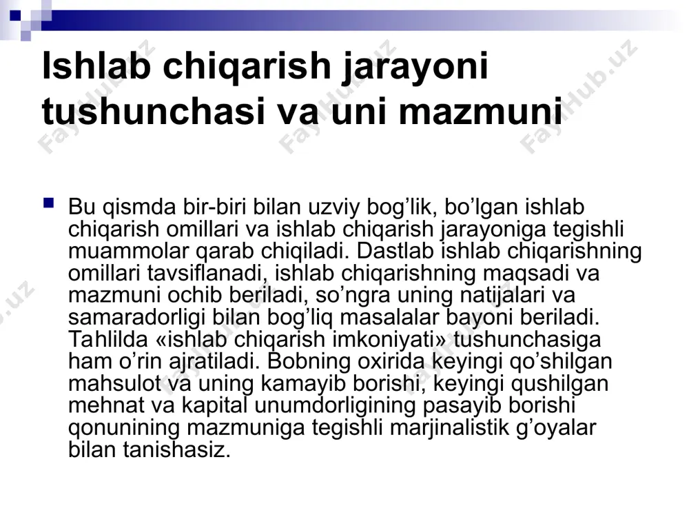 adigan narsalardir (yer-suv, xom-ashyo va boshqa turli materiallar). mehnat predmetlari tabiatda tayyor holda uchrashi mumkin yoki oldingi davrdagi mehnat mahsuloti, ya`ni xom-ashyo tarzida bo’lishi mumkin. mehnat qurollari va mehnat predmetlari birgalikda ishlab chiqarish vositalari deb yuritiladi. bu esa mehnat jarayonining tabiatidan kelib chiqqan, shuning uchun ham ishlab chiqarish vositalari hamma ijtimoiy-iqtisodiy tizimlar, insoniyat taraqqiyotining hamma bosqichlari uchun xosdir. mehnat vositalarini mehnat predmetlariga ta`sir etish xususiyatiga ko’ra bir nechta katta guruhlarga bo’lish mumkin.