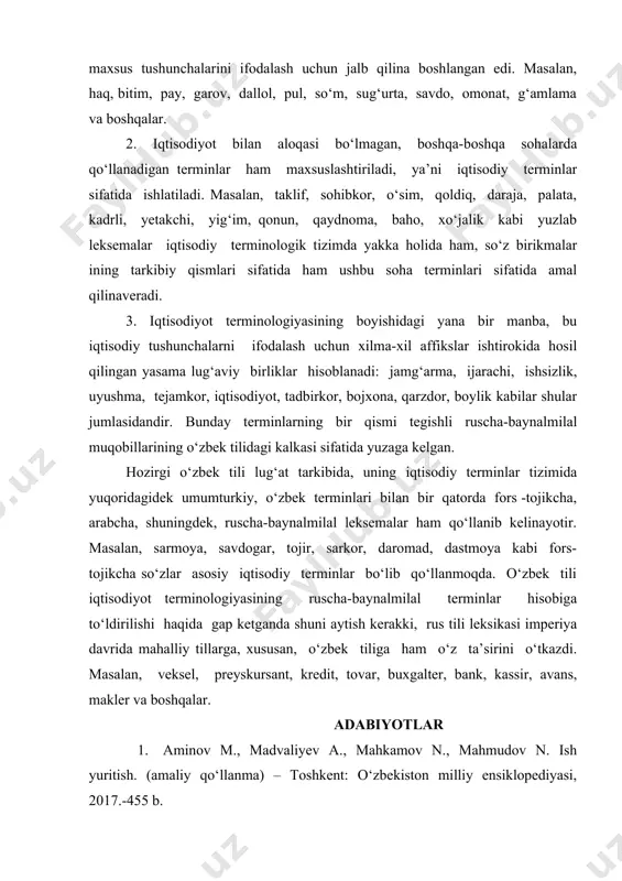 il qilingan yasama lug‘aviy birliklar hisoblanadi: jamg‘arma, ijarachi, ishsizlik, uyushma, tejamkor, iqtisodiyot, tadbirkor, bojxona, qarzdor, boylik kabilar shular jumlasidandir. bunday terminlarning bir qismi tegishli ruscha-baynalmilal muqobillarining o‘zbek tilidagi kalkasi sifatida yuzaga kelgan. hozirgi o‘zbek tili lug‘at tarkibida, uning iqtisodiy terminlar tizimida yuqoridagidek umumturkiy, o‘zbek terminlari bilan bir qatorda fors -tojikcha, arabcha, shuningdek, ruscha-baynalmilal leksemalar ham qo‘llanib kelinayotir. masalan, sarmoya, savdogar, tojir, sarkor, daromad, dastmoya kabi fors-tojikcha so‘zlar asosiy iqtisodiy terminlar bo‘lib qo‘llanmoqda. o‘zbek tili iqtisodiyot terminologiyasining ruscha-baynalmilal terminlar hisobiga to‘ldirilishi haqida gap ketganda shuni aytish kerakki, rus tili leksikasi imperiya davrida mahalliy tillarga, xususan, o‘zbek tiliga ham o‘z ta’sirini o‘tkazdi. masalan, veksel, preyskursant, kredit, tovar, buxgalter, bank, kassir, avans, makler va boshqalar. adabiyotlar 1. aminov m., madvaliyev a., mahkamov n., mahmudov n. ish yuritish. (amaliy qo‘llanma) – toshkent: o‘zbekiston milliy ensiklopediyasi, 2017.-455 b. 2. mahmudov n., rafiyev a., yo‘ldoshev i. nutq madaniyati va davlat tilida ish yuritish (darslik)-toshkent: cho‘lpon, 2013. …