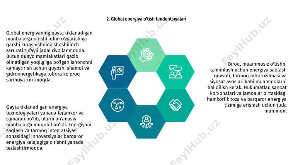 an energetika bo'yicha tadqiqotlarga sarmoya kiritish, toza texnologiyalardan foydalanishni rag'batlantirish va qayta tiklanadigan energiya bo'yicha ulkan maqsadlarni belgilashga qaratilgan. bu sa'y-harakatlar yanada barqaror energiya kelajagiga o'tishda muhim ahamiyatga ega. 8. qayta tiklanadigan energiya sektoridagi texnologik innovatsiyalar qayta tiklanadigan energiya manbalariga o'tayotganimizda, sohadagi texnologik innovatsiyalar hal qiluvchi rol o'ynaydi. quyosh panellari samaradorligidagi yutuqlardan shamol turbinasi dizaynidagi yutuqlarga qadar innovatsiyalar qayta tiklanadigan energiya inqilobini boshqarmoqda. matn qayta tiklanadigan energiya sektoridagi asosiy texnologik yangiliklardan biri energiyani saqlash bo'yicha yechimlarni ishlab chiqishdir. qayta tiklanadigan manbalardan ishlab chiqarilgan ortiqcha energiyani saqlash imkoniyati bilan ushbu echimlar yanada ishonchli va barqaror tarmoq tizimiga yo'l ochmoqda. 9. qayta tiklanadigan energiya manbalariga o'tishning iqtisodiy foydalari qayta tiklanadigan energiya manbalariga o'tish katta iqtisodiy foyda keltirishi mumkin. quyosh, shamol va boshqa toza energiya texnologiyalariga sarmoya kiritish orqali mamlakatlar ish o‘rinlari yaratishi, iqtisodiy o‘sishni rag‘batlantirishi va beqaror qazib olinadigan yoqilg‘i bozorlariga bo‘lgan ishonchni kamaytirishi mumkin. qayta tiklanadigan energiya manbalariga o'tish, shuningdek, innovatsiyalar …