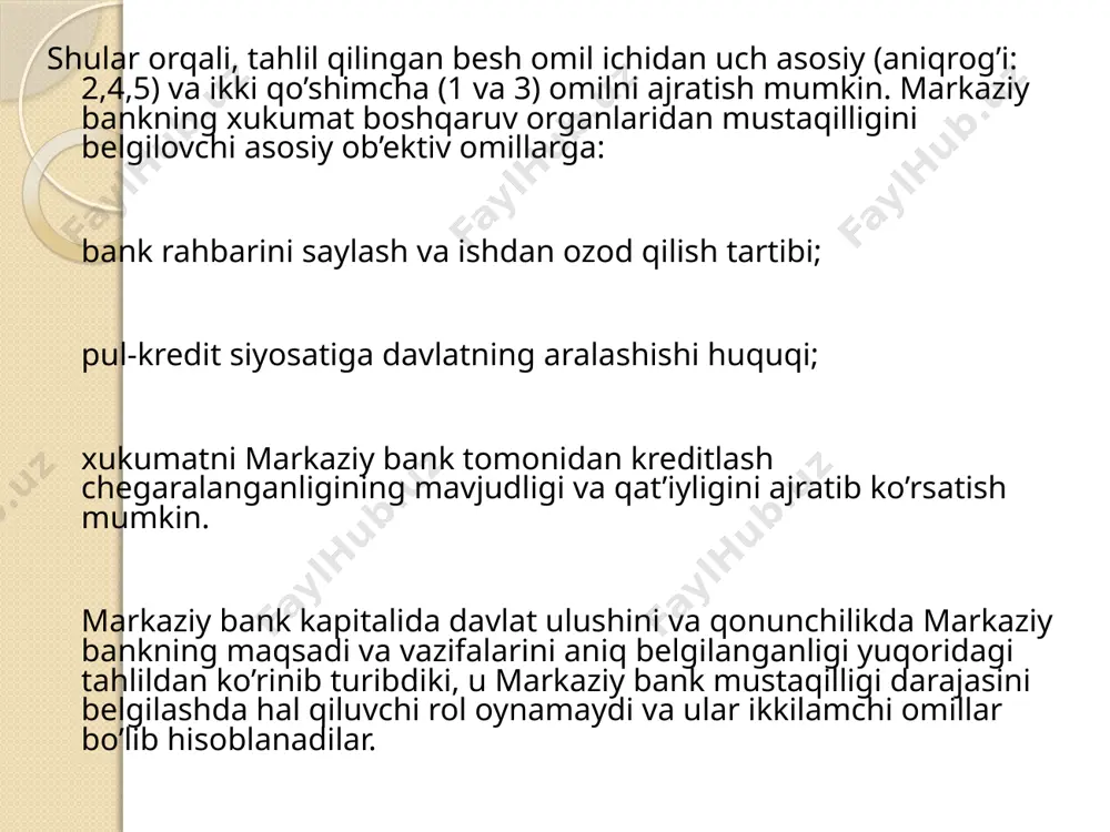 tali egalarining tarkibidan qat’iy nazar, ular uning pul-kredit siyosatidagi mustaqilligiga ahamiyatli ta’sir ko’rsata olmaydi. markaziy bankning mustaqilligi darajasini belgilovchi keyingi omil, bank rahbarining saylanish tartibi hisoblanadi. bu omil markaziy bankning davlat organlari boshqaruvidan qanchalik darajada siyosiy mustaqilligini belgilashda muhim omil bo’lib hisoblanadi. birinchi qarashda, mamlakatlar o’rtasidagi farq faqat markaziy bankning boshqaruv lavozimiga nomzodlarni kim tavsiya etishida namoyon bo’ladi. ko’pgina rivojlangan davlatlarda yaponiya, aqsh, avstriya) bank rahbariyatiga xukumat tavsiya etgan nomzodlar saylanadi yoki tayinlanadi. markaziy banklarning raislari va boshqaruv a’zolarini qonun boyicha ishdan olish tartibi ham qiziqarli holatda rasmiylashtirilgan. ko’pgina sanoati rivojlangan mamlakatlar (germaniya, buyuk britaniya, yaponiya, aqsh, daniya, avstriya, shveytsariya va gollandiya)ning markaziy banklar raislarini, boshqaruv a’zolarini saylangan muddatlaridan ilgari ishdan bqshatib bo’lmaydi. xukumatga yuqoridagi davlatlarga nisbatan qaramroq bo’lgan markaziy banklar bunga kirmaydi (italiya, frantsiya). markaziy bankning siyosiy mustaqilligini ko’rsatuvchi uchinchi omil, uning qonunda ko’rsatilgan faoliyati darajasi va maqsadlari hisoblanadi. bu omil bir tomondan, markaziy bank faoliyatini erkinligiga chegara qqysa, …