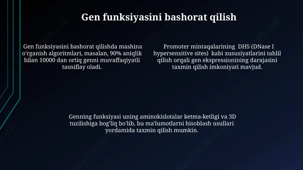 'ida. terser struktura bashorati, oqsil-oqsil o'zaro ta'sirini o'rganishda muhim ahamiyatga ega bo'lib, taxminan 500 ta aminokislotali oqsil uchun hisoblash vaqti 1 soatdan ko'proq vaqtni olishi mumkin. terser tuzilmani bashorat qilishda, 3d modellarni yaratish uchun alphafold2 kabi chuqur o'rganish algoritmlari 90% dan ortiq aniqlik bilan aminokislotalar ketma-ketligini tahlil qiladi. ma'lumotlar bazalari gen ketma-ketliklarini va ularning funksiyalarini aniqlash uchun ncbi (national center for biotechnology information) ning genbank ma'lumotlar bazasi kabi katta miqdordagi (100 tb dan ortiq) genetik ma'lumotlarni saqlaydi va qidiruv tizimlarini taqdim etadi. proteinlarning 3d tuzilishini bashorat qilish uchun ishlatiladigan pdb (protein data bank) ma'lumotlar bazasi 100,000 dan ortiq oqsil tuzilmalarini o'z ichiga oladi va ularning funksiyalarini tushunishga yordam beradi. uniprotkb ma'lumotlar bazasi 550 milliondan ortiq oqsil ketma-ketliklarini, shu jumladan annotatsiyalarni va funksiyalarni tasvirlaydi, bu oqsil funksiyasi va genlarni aniqlashda muhim ahamiyatga ega. taqdimot natijalari o'rganilgan 100 ta namunada, oqsil tuzilmasi va gen strukturasi o'rtasidagi bog'liqlikni aniqlashda 0.95 korrelyatsiya koeffitsiyenti kuzatildi, …