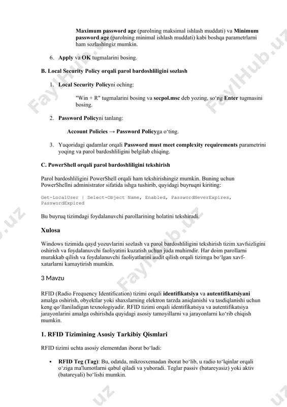 in + r" tugmalarini bosing va gpedit.msc deb yozing, so‘ng enter tugmasini bosing. 2. password policyni sozlash: chapdagi menyuda computer configuration → windows settings → security settings → account policies → password policyga o‘ting. 3. parol murakkablik talablarini o‘rnatish: password must meet complexity requirementsni toping va bu parametrni enabled holatiga keltiring. bu holatni yoqsangiz, foydalanuvchilar quyidagi talablarga javob berishi kerak: · parol kamida 6 ta belgidan iborat bo‘lishi kerak. · parolda katta va kichik harflar, raqamlar va maxsus belgilar bo‘lishi kerak. 4. minimum parol uzunligini sozlash: minimum password lengthni toping va kerakli uzunlikni o‘rnatishingiz mumkin. masalan, 8 yoki 12 belgi kabi. 5. parolni yangilash va saqlash: maximum password age (parolning maksimal ishlash muddati) va minimum password age (parolning minimal ishlash muddati) kabi boshqa parametrlarni ham sozlashingiz mumkin. 6. apply va ok tugmalarini bosing. b. local security policy orqali parol bardoshliligini sozlash 1. local security policyni oching: "win + r" tugmalarini …