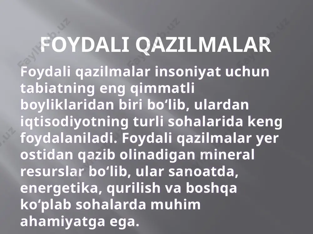 ingan foydali qazilmalar xalqaro bozorlarda sotilib, mamlakat iqtisodiyotiga qo‘shimcha daromad keltiradi. foydali qazilmalarni qazib olish va ishlatish jarayonlari atrof-muhitga salbiy ta‘sir ko‘rsatishi mumkin. masalan: yer usti rel‘efining buzilishi va eroziya jarayonlari. havo va suvning ifloslanishi. o‘simlik va hayvonot dunyosiga zarar yetkazish. shu sababli, foydali qazilmalarni qazib olishda ekologik standartlarga rioya qilish va qayta tiklanadigan texnologiyalardan foydalanish muhimdir. foydali qazilmalrning zararli tomoni ekologik zarar foydali qazilmalarni qazib olish jarayonida o‘rmonlar kesiladi, yer osti va yer usti suv resurslari ifloslanadi. tog‘ jinslarini portlatish va ochiq kon usullarini qo‘llash tabiatning buzilishiga, tuproq eroziyasiga va biologik xilma-xillikning yo‘qolishiga olib keladi. bundan tashqari, qazilmalardan keyingi chiqindilar tuproq va suvni zaharlaydi. havoning ifloslanishi neft, ko‘mir va gaz kabi foydali qazilmalarning yoqilishi havoga karbonat angidrid, metan va boshqa zararli gazlarning chiqishini oshiradi. bu esa iqlim o‘zgarishiga olib keluvchi issiqxona effektini kuchaytiradi. qazib olish jarayonida chang va boshqa zaharli moddalar ham havoga chiqib, inson salomatligiga zarar yetkazadi. ijtimoiy …