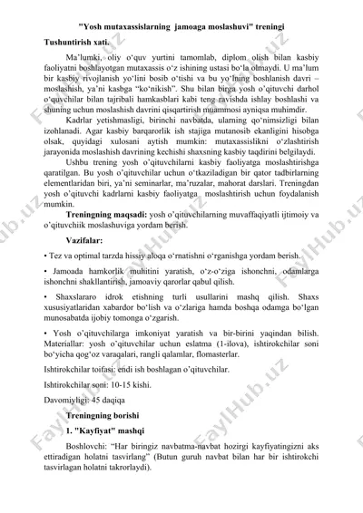 "yosh mutaxassislarning jamoaga moslashuvi" treningi — DOC